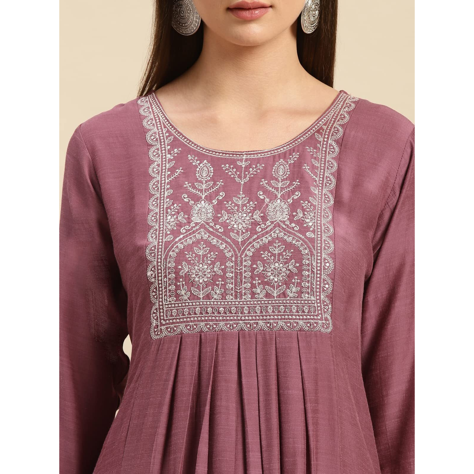 Rangita Mauve Viscose Blend Calf Length Embroidered A-Line Kurti For Women | Kurta For Women_M