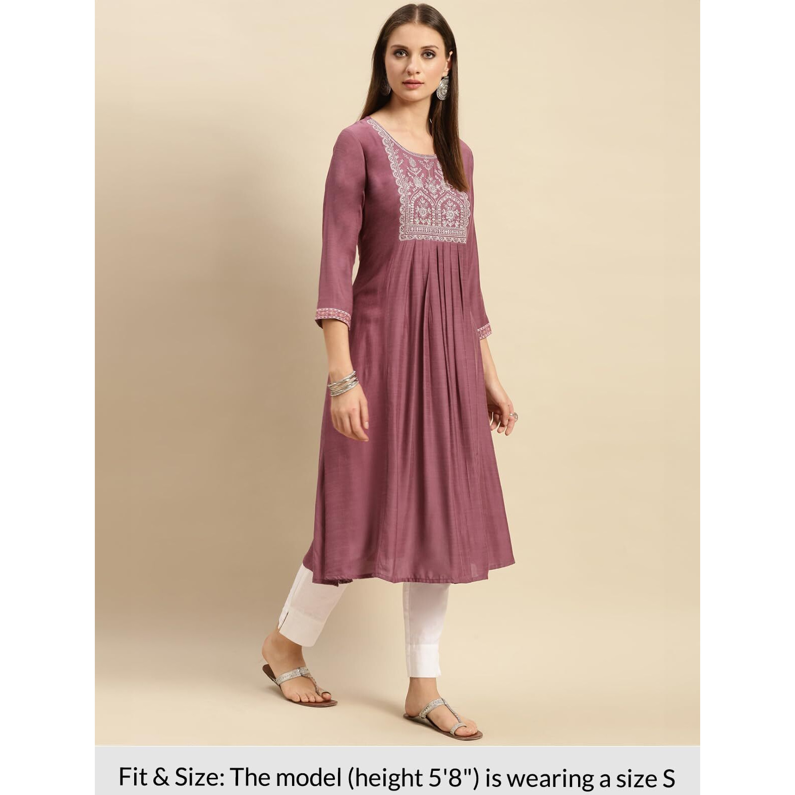 Rangita Mauve Viscose Blend Calf Length Embroidered A-Line Kurti For Women | Kurta For Women_M