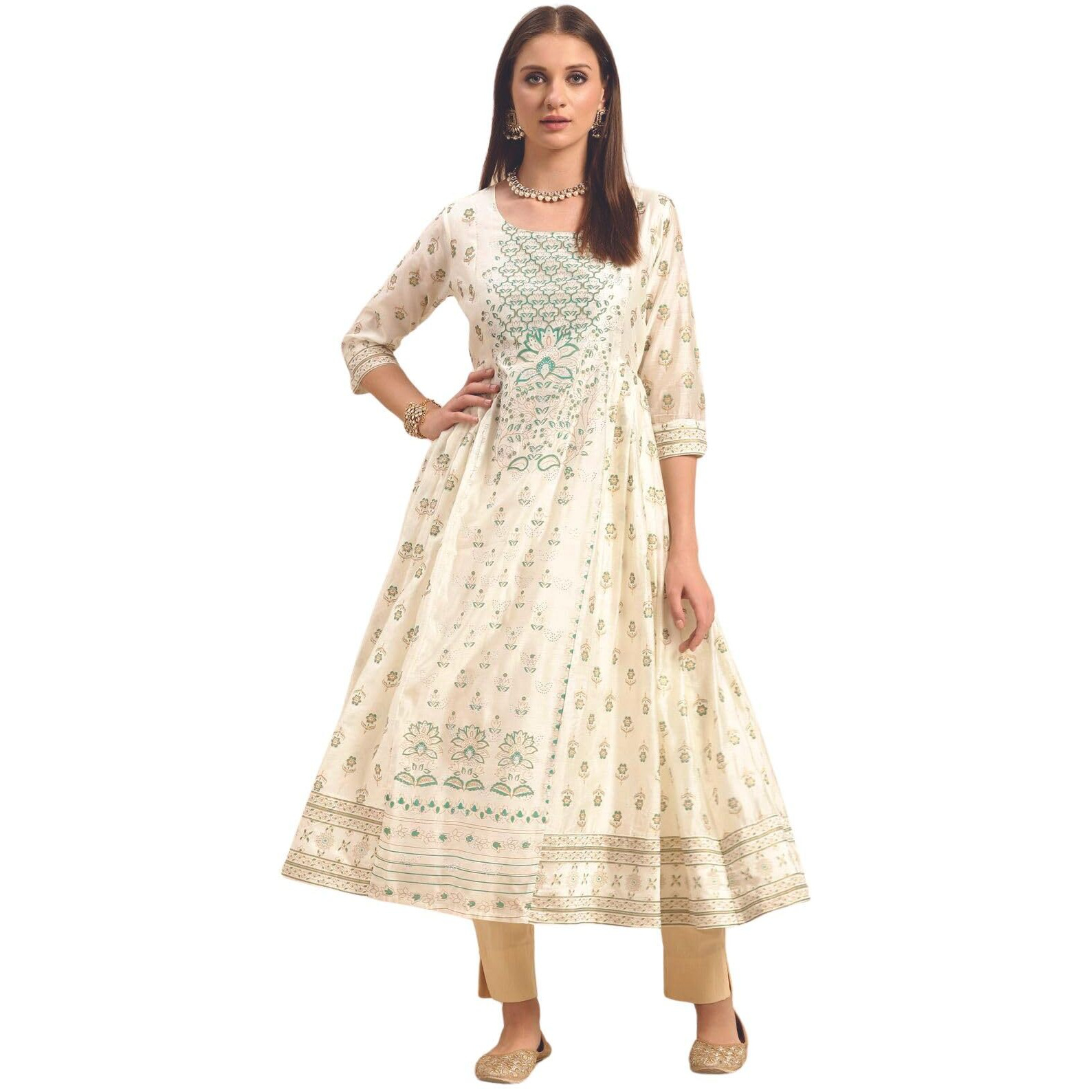 Rangita Off White Viscose Blend Calf Length Printed Anarkali Kurti For Women | Kurta For Women_Xl