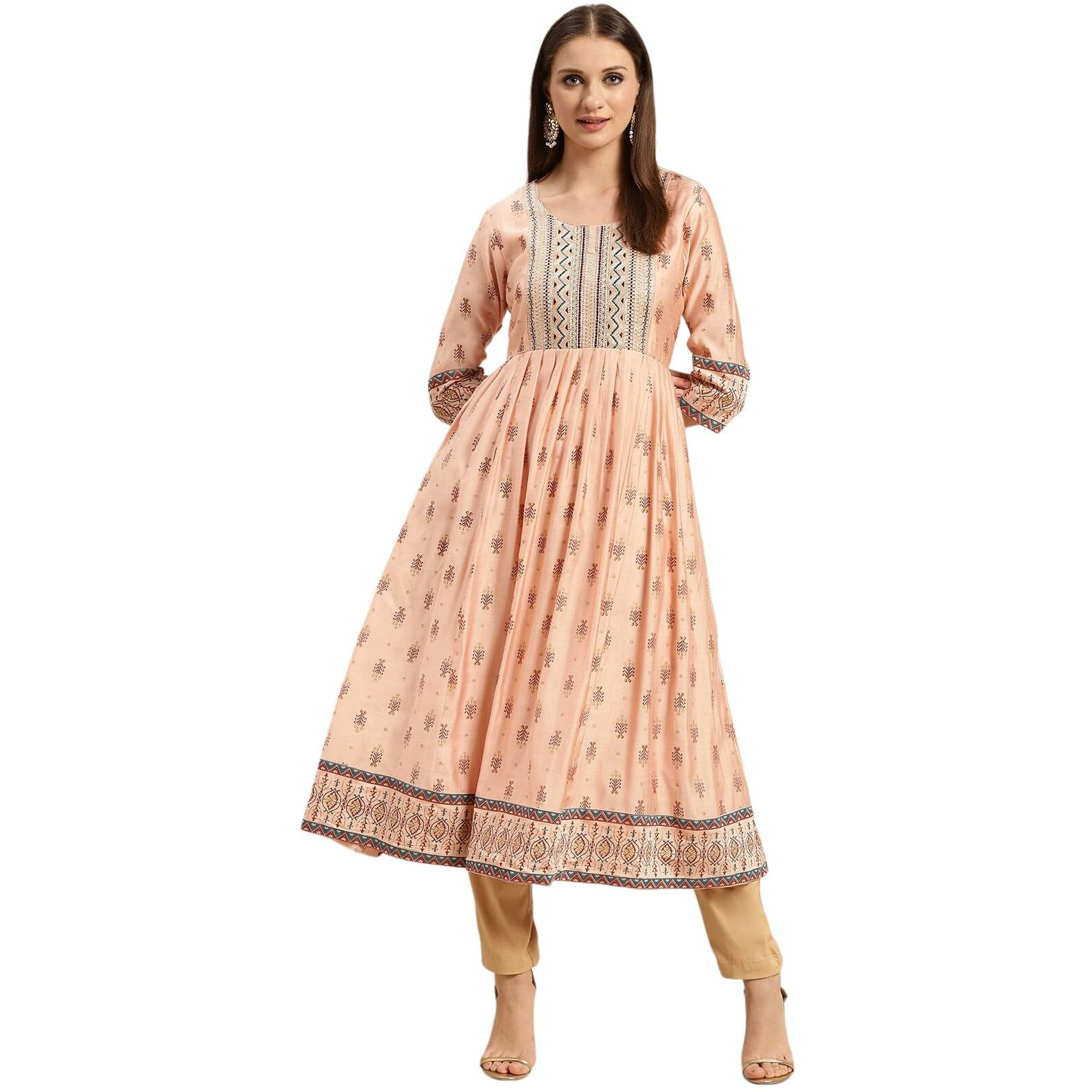 Rangita Peach Viscose Blend Calf Length Printed Anarkali Kurti For Women | Kurta For Women_S