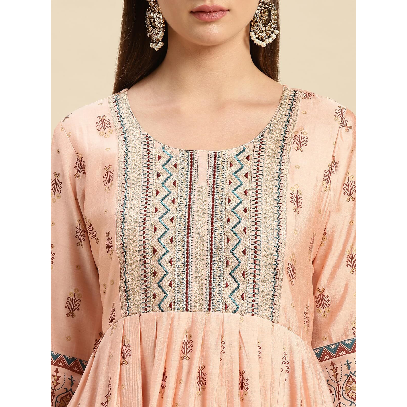 Rangita Peach Viscose Blend Calf Length Printed Anarkali Kurti For Women | Kurta For Women_S