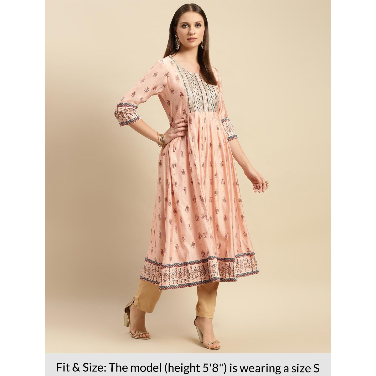 Rangita Peach Viscose Blend Calf Length Printed Anarkali Kurti For Women | Kurta For Women_S