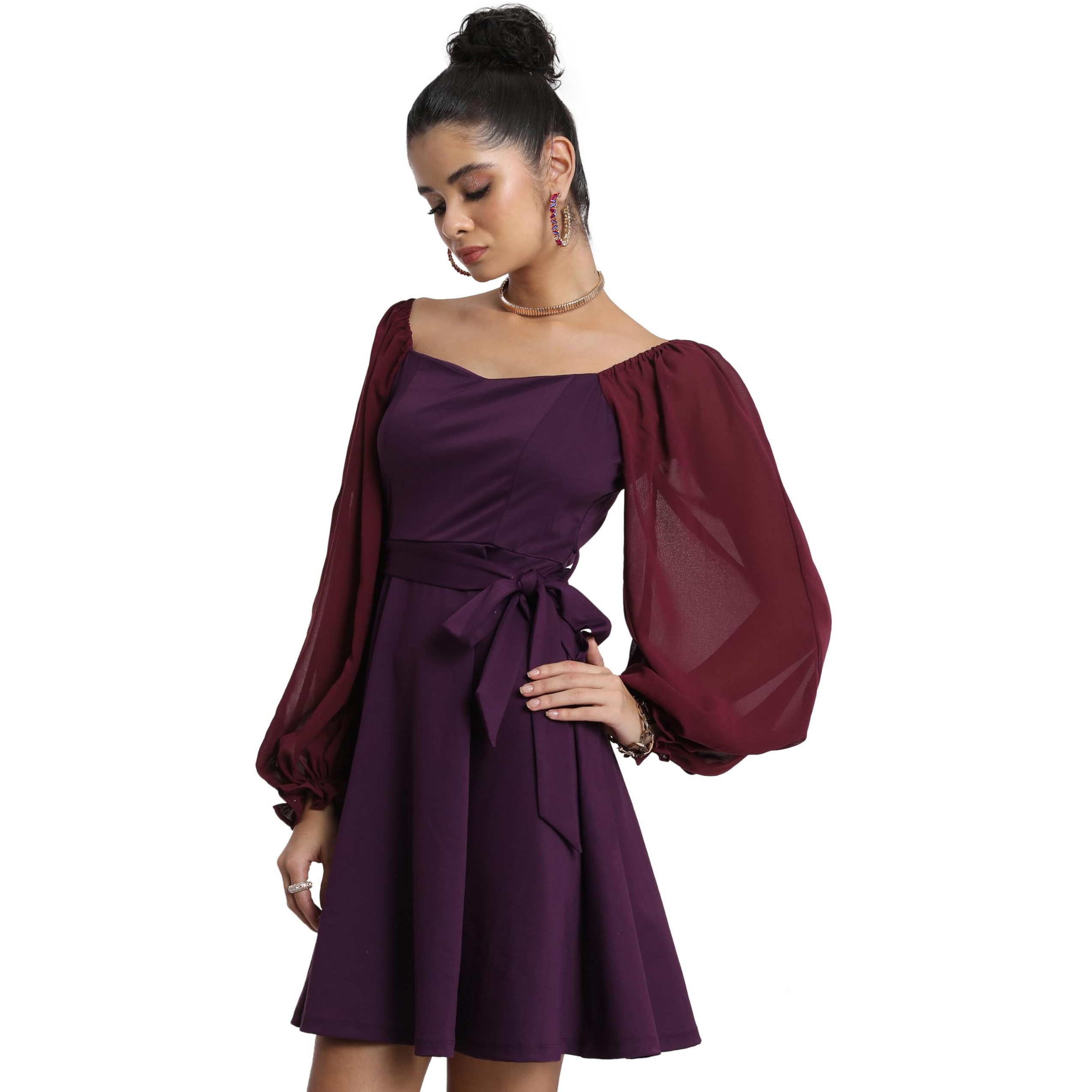 Ketch Women's Cotton Blend Fit And Flare Dress With Sheer Sleeves Knee-Length Khj6000334_Wine