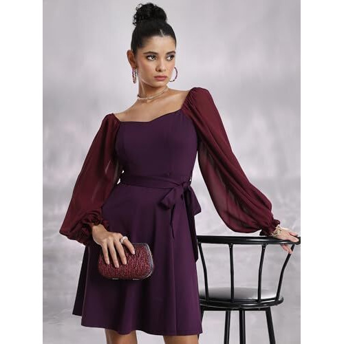 Ketch Women's Cotton Blend Fit And Flare Dress With Sheer Sleeves Knee-Length Khj6000334_Wine