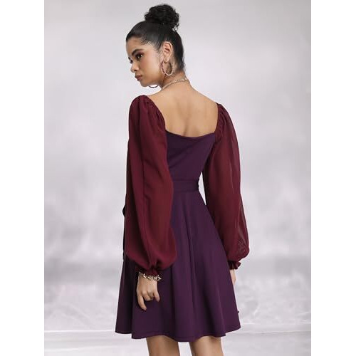 Ketch Women's Cotton Blend Fit And Flare Dress With Sheer Sleeves Knee-Length Khj6000334_Wine