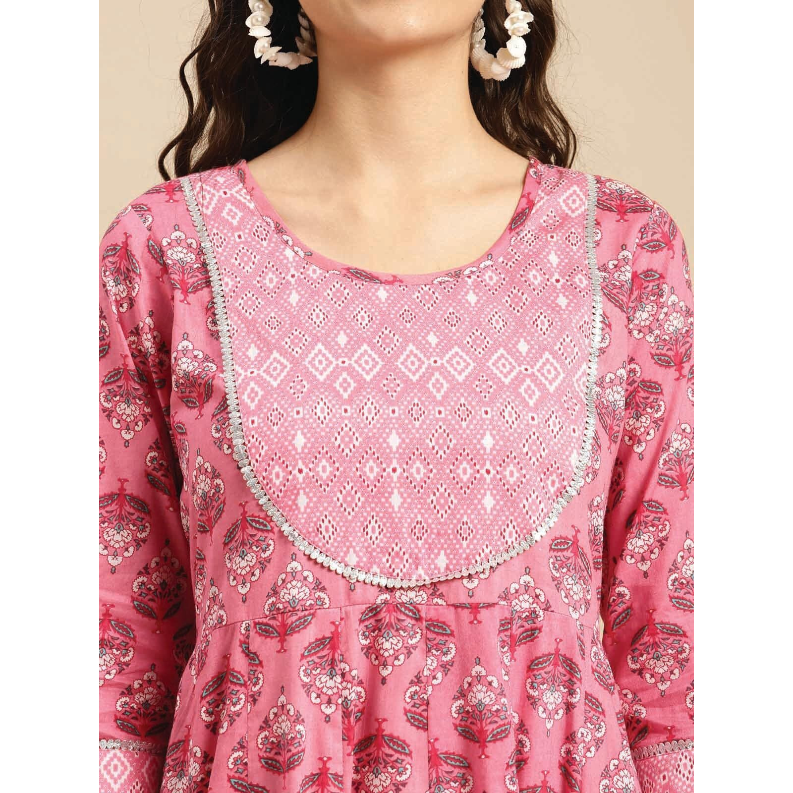 Rangita Pink Cotton Calf Length Printed Anarkali Kurti For Women | Kurta For Women_S