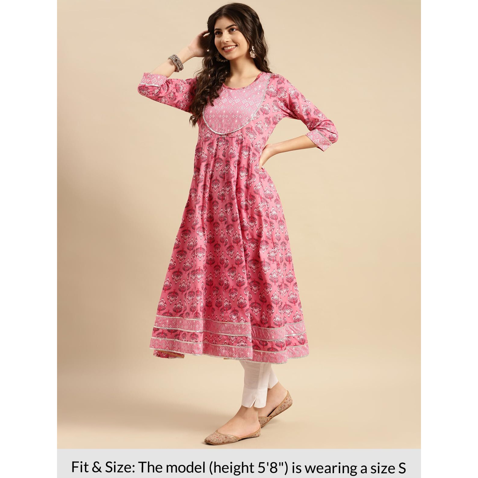 Rangita Pink Cotton Calf Length Printed Anarkali Kurti For Women | Kurta For Women_S