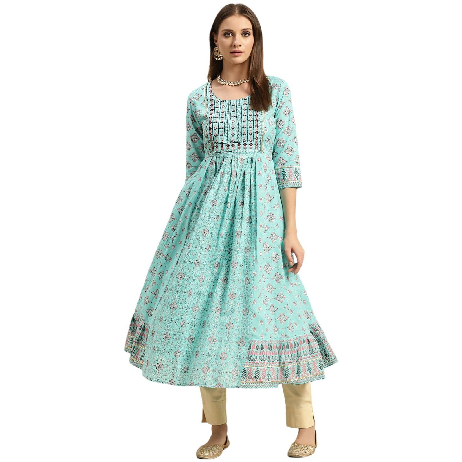 Rangita Light Blue Cotton Calf Length Printed Anarkali Kurti For Women | Kurta For Women_M