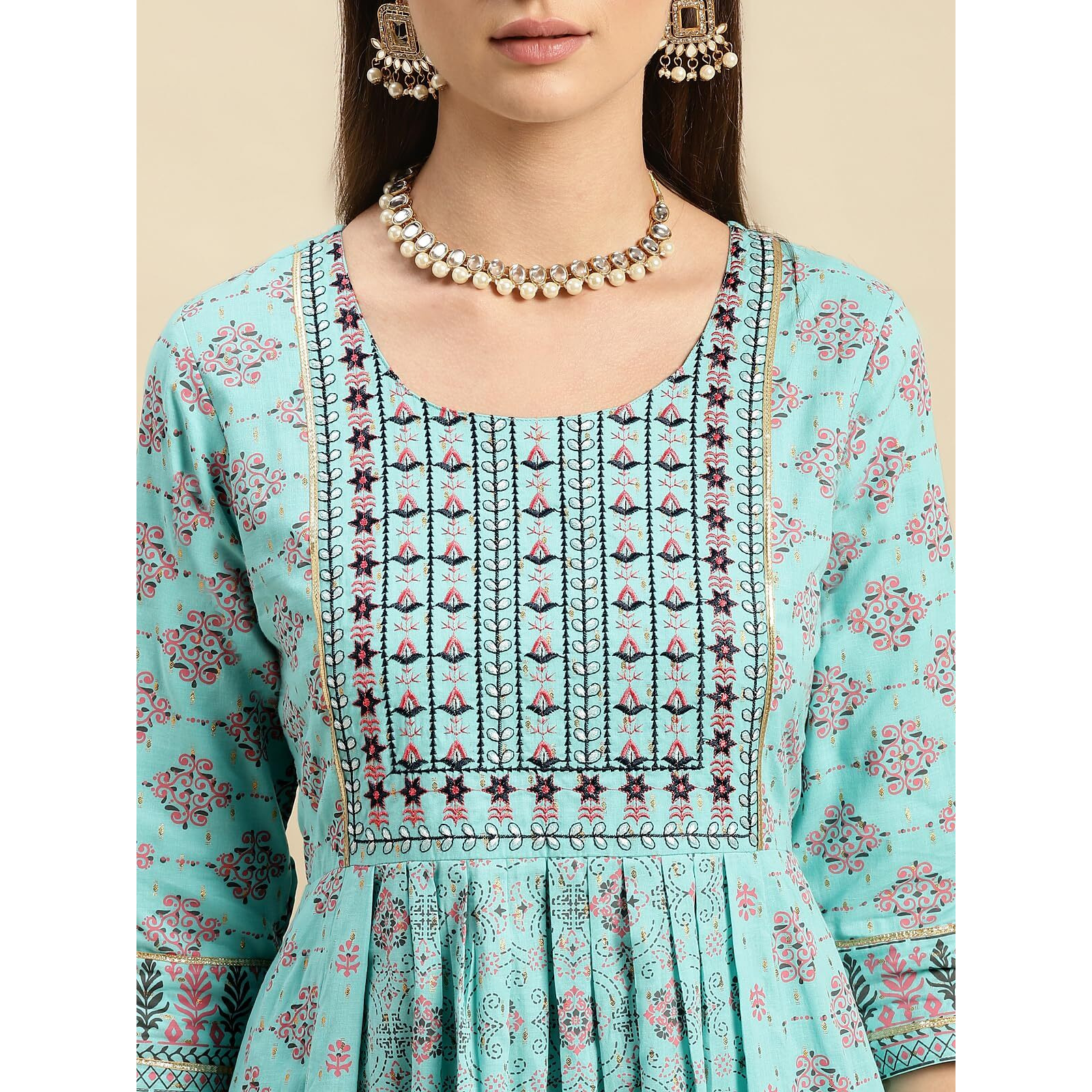 Rangita Light Blue Cotton Calf Length Printed Anarkali Kurti For Women | Kurta For Women_M