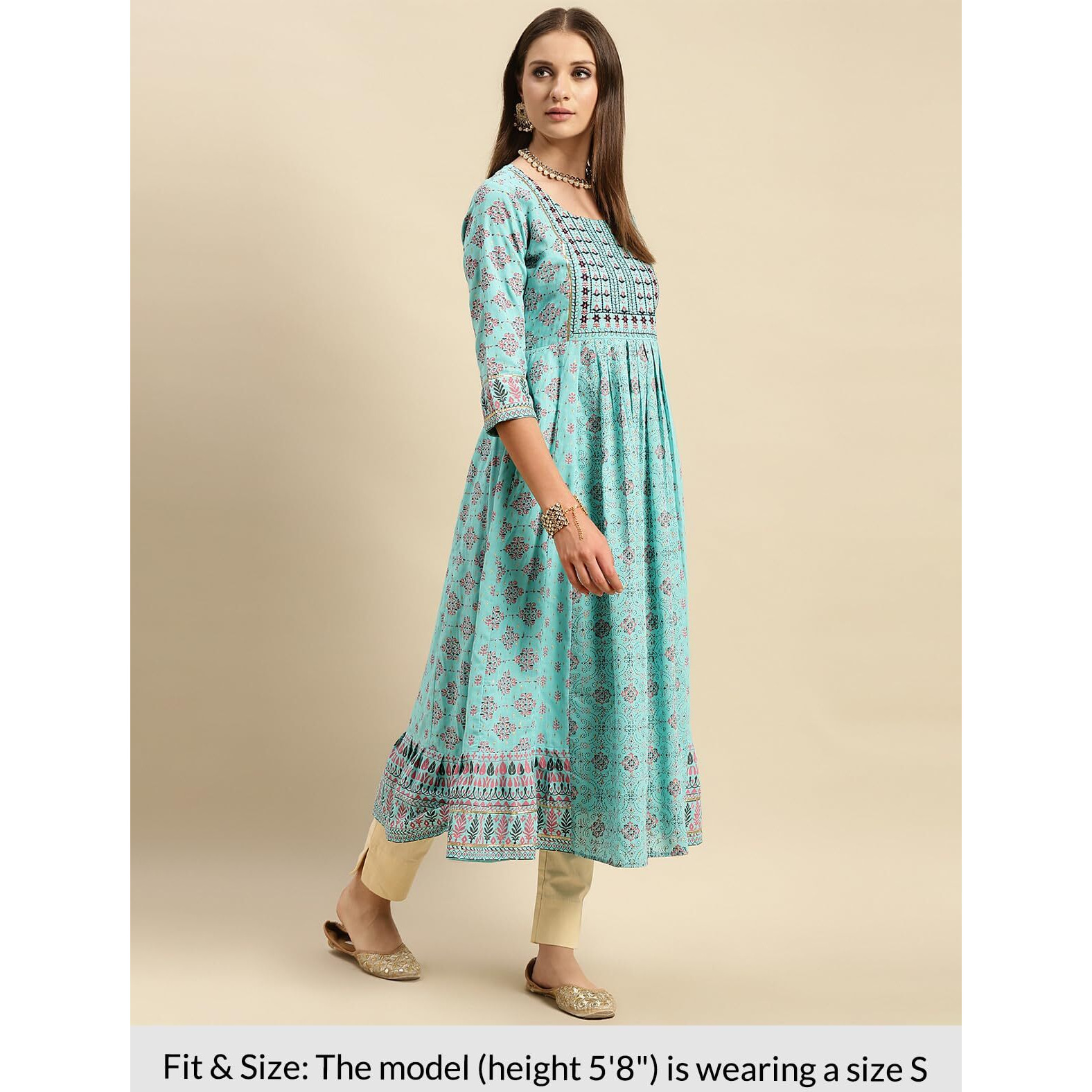 Rangita Light Blue Cotton Calf Length Printed Anarkali Kurti For Women | Kurta For Women_M