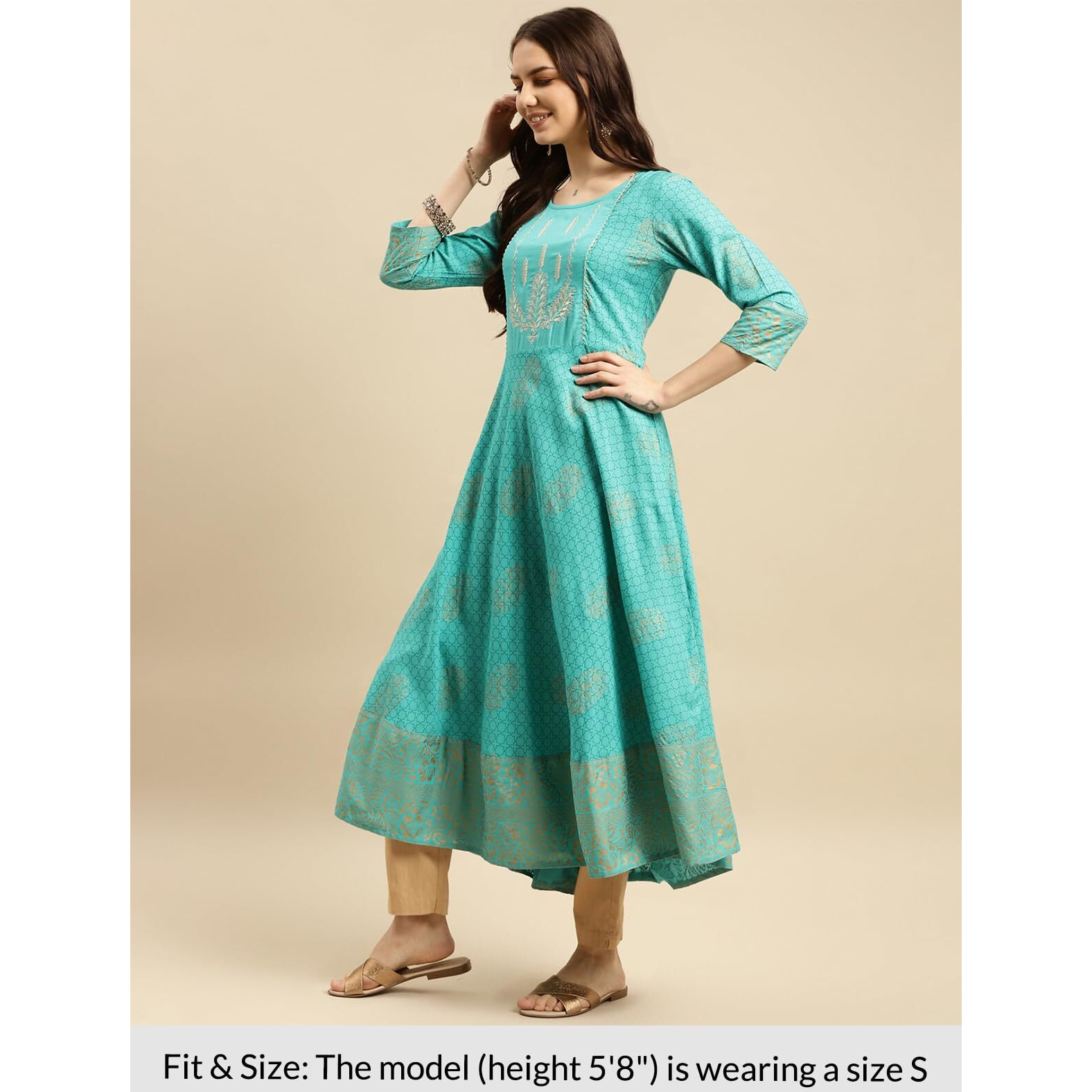 Rangita Green Rayon Calf Length Embroidered Anarkali Kurti For Women | Kurta For Women_M