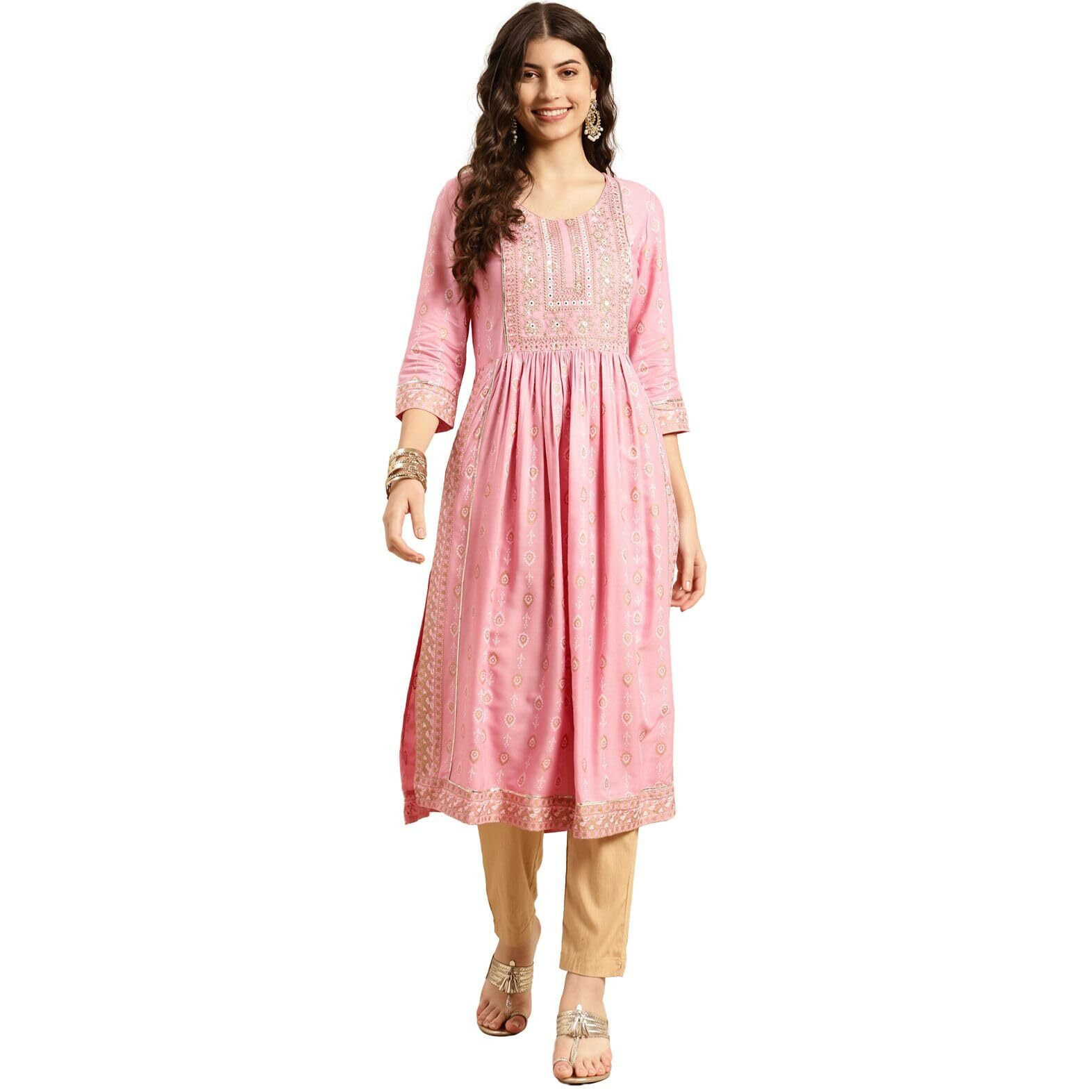 Rangita Pink Rayon Calf Length Embroidered Flared Kurti For Women | Kurta For Women_2Xl