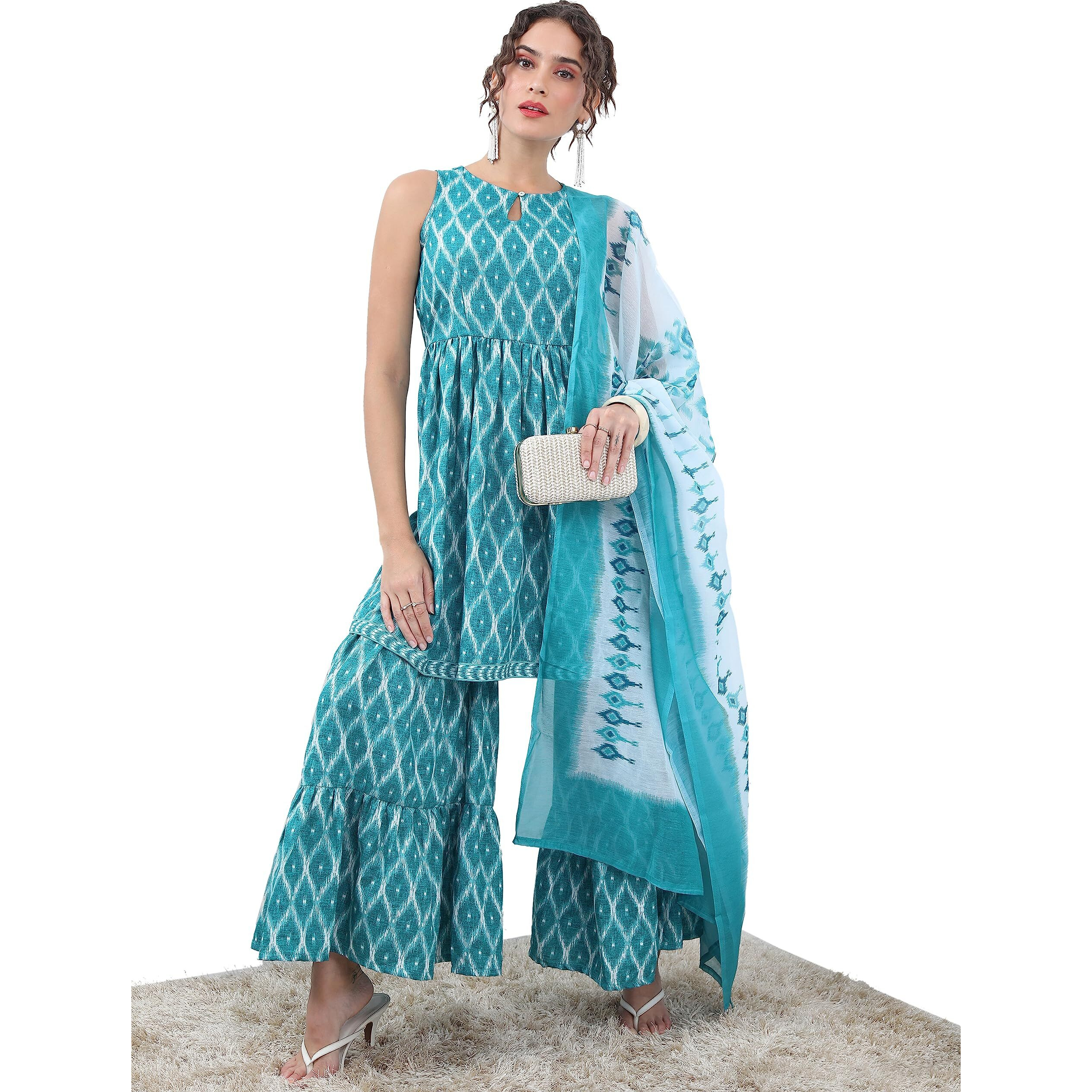 Ketch Women's Polyester Ethnic Set (Khk3000821_Teal_2Xl)