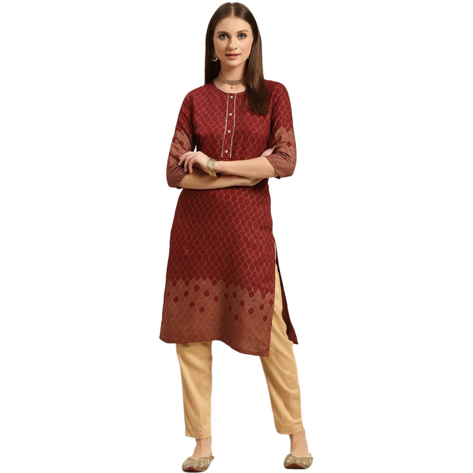 Rangita Women Rayon Maroon Ethnic Gold Printed Knee Length Straight Kurta With Pant Set