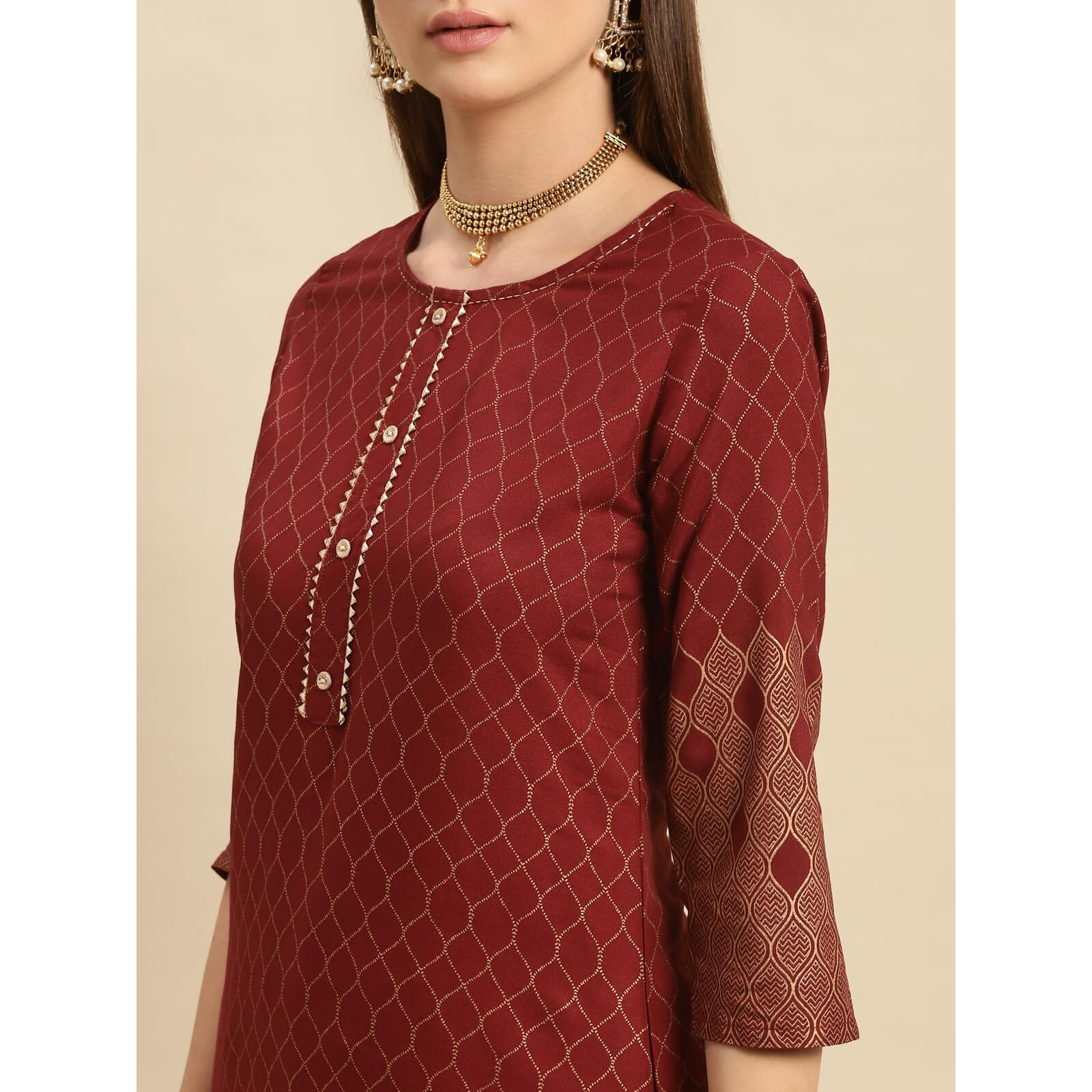 Rangita Women Rayon Maroon Ethnic Gold Printed Knee Length Straight Kurta With Pant Set