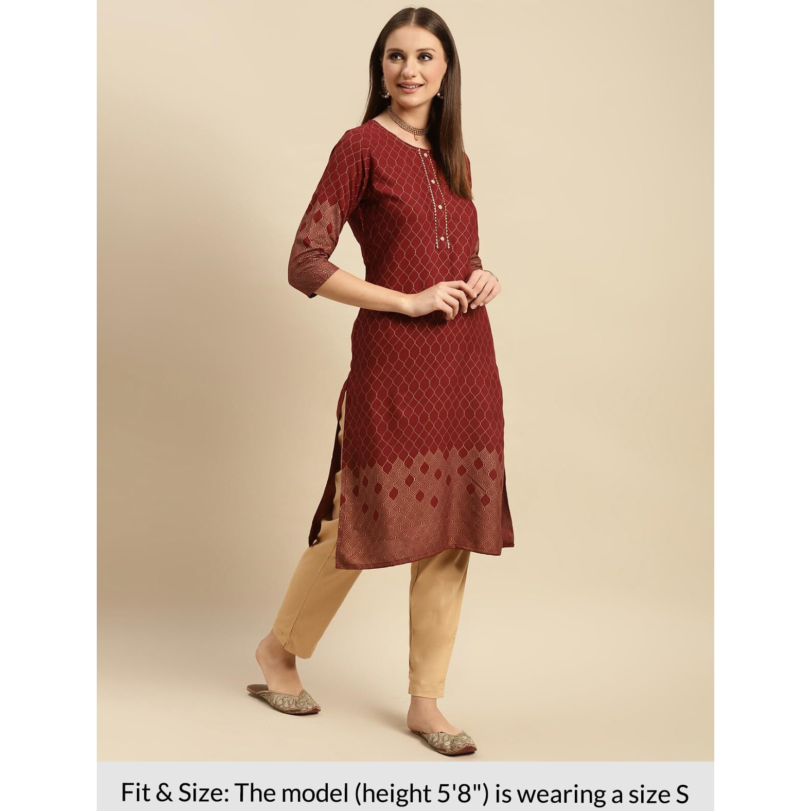 Rangita Women Rayon Maroon Ethnic Gold Printed Knee Length Straight Kurta With Pant Set