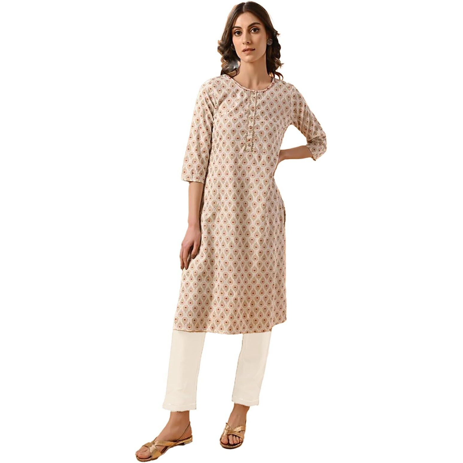 Rangita Women Rayon Off White Ethnic Gold Printed Knee Length Straight Kurta With Pant Set