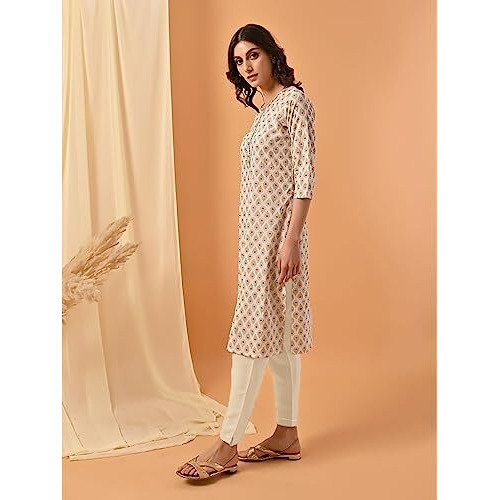 Rangita Women Rayon Off White Ethnic Gold Printed Knee Length Straight Kurta With Pant Set