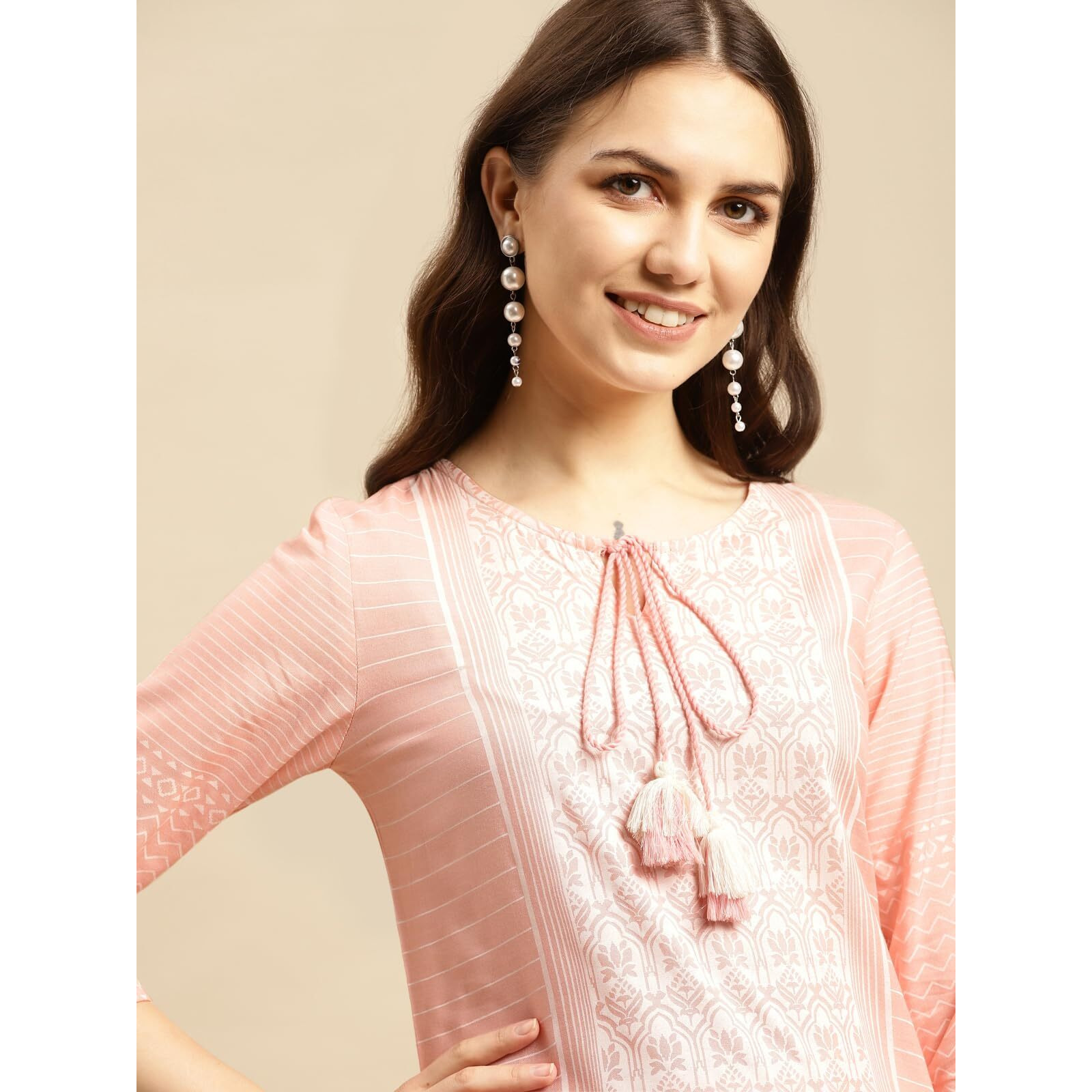 Rangita Women Rayon Peach Ethnic Placement Printed Knee Length Straight Kurta With Pant Set