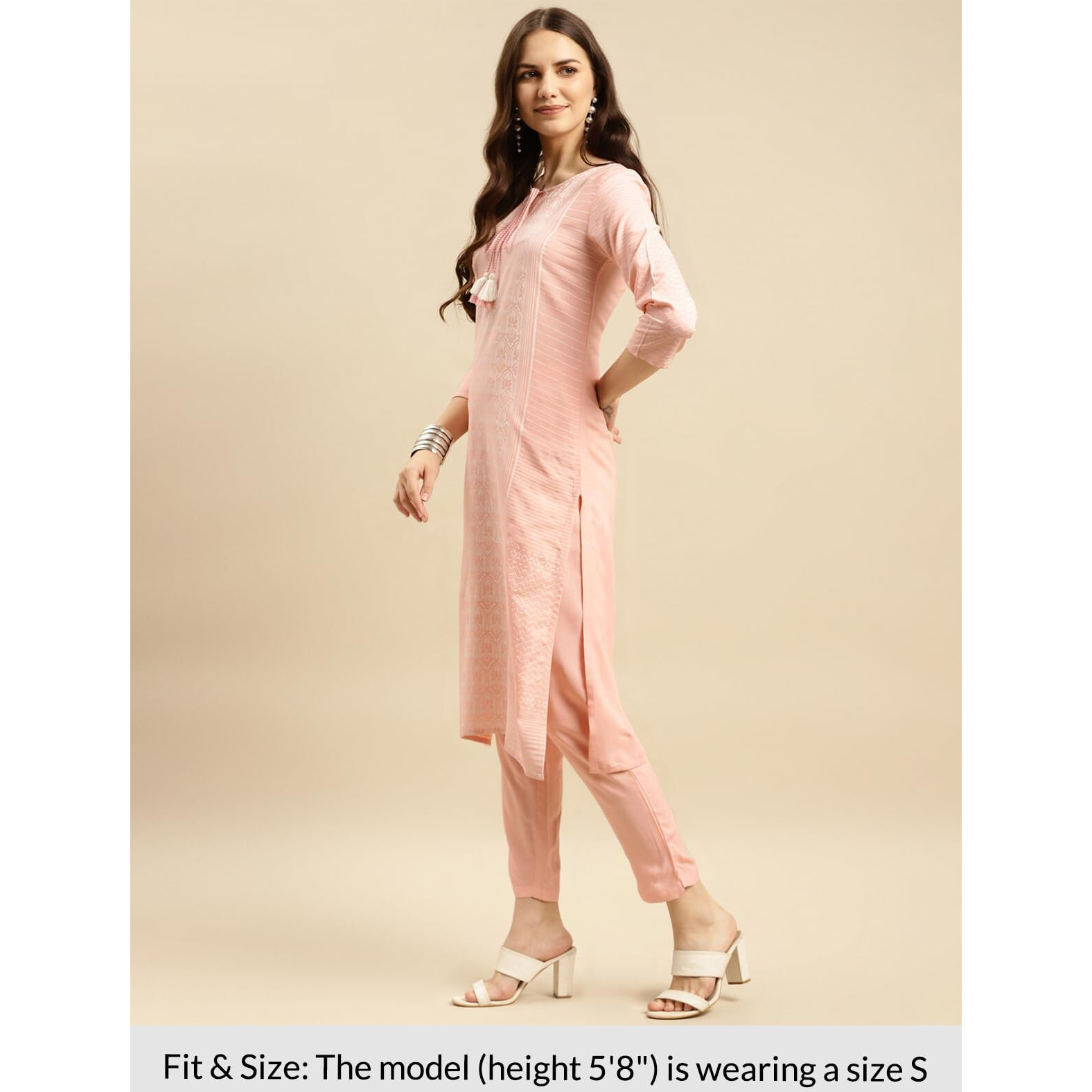 Rangita Women Rayon Peach Ethnic Placement Printed Knee Length Straight Kurta With Pant Set