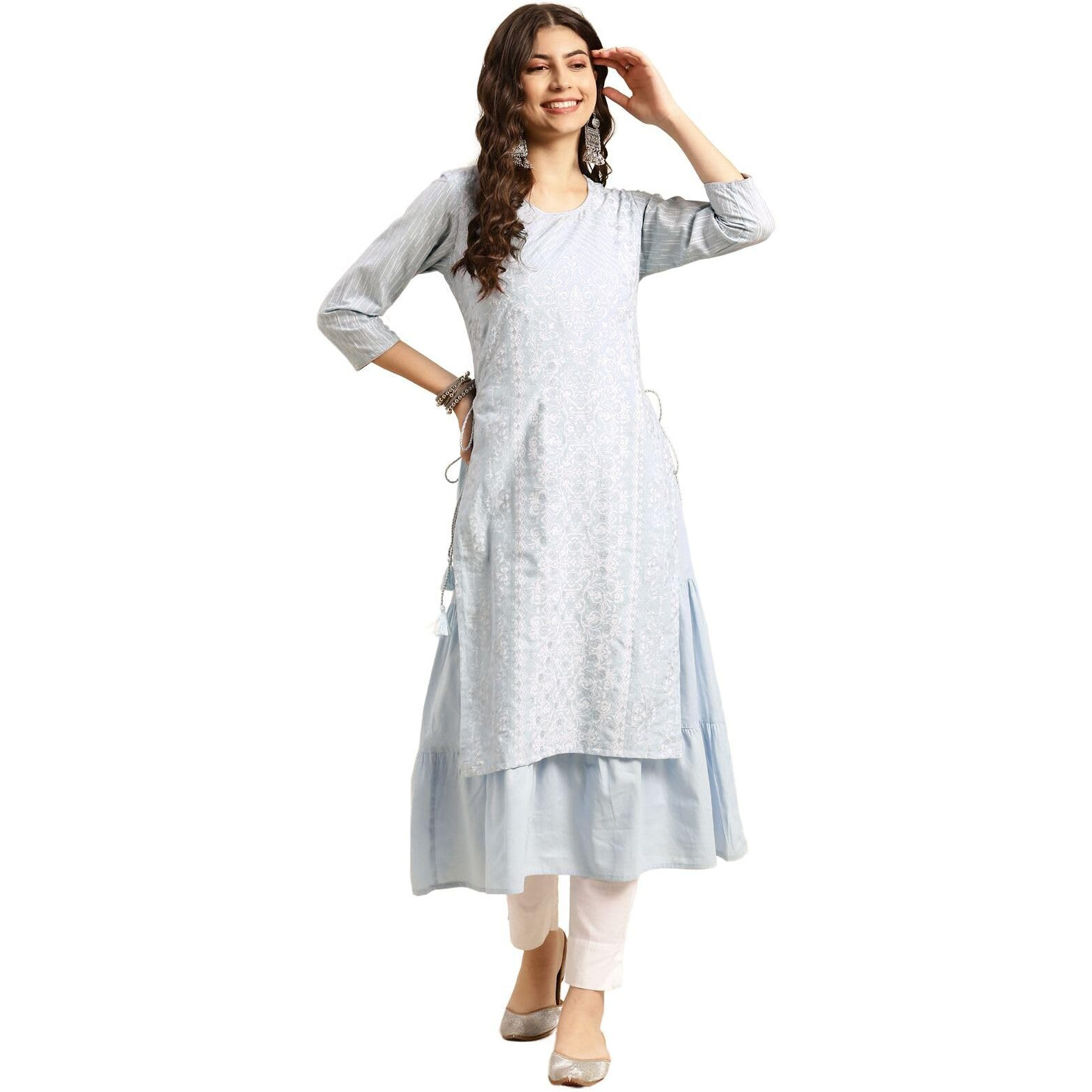 Rangita Light Blue Cotton Calf Length Printed Double Layered Kurti For Women | Kurta For Women_L
