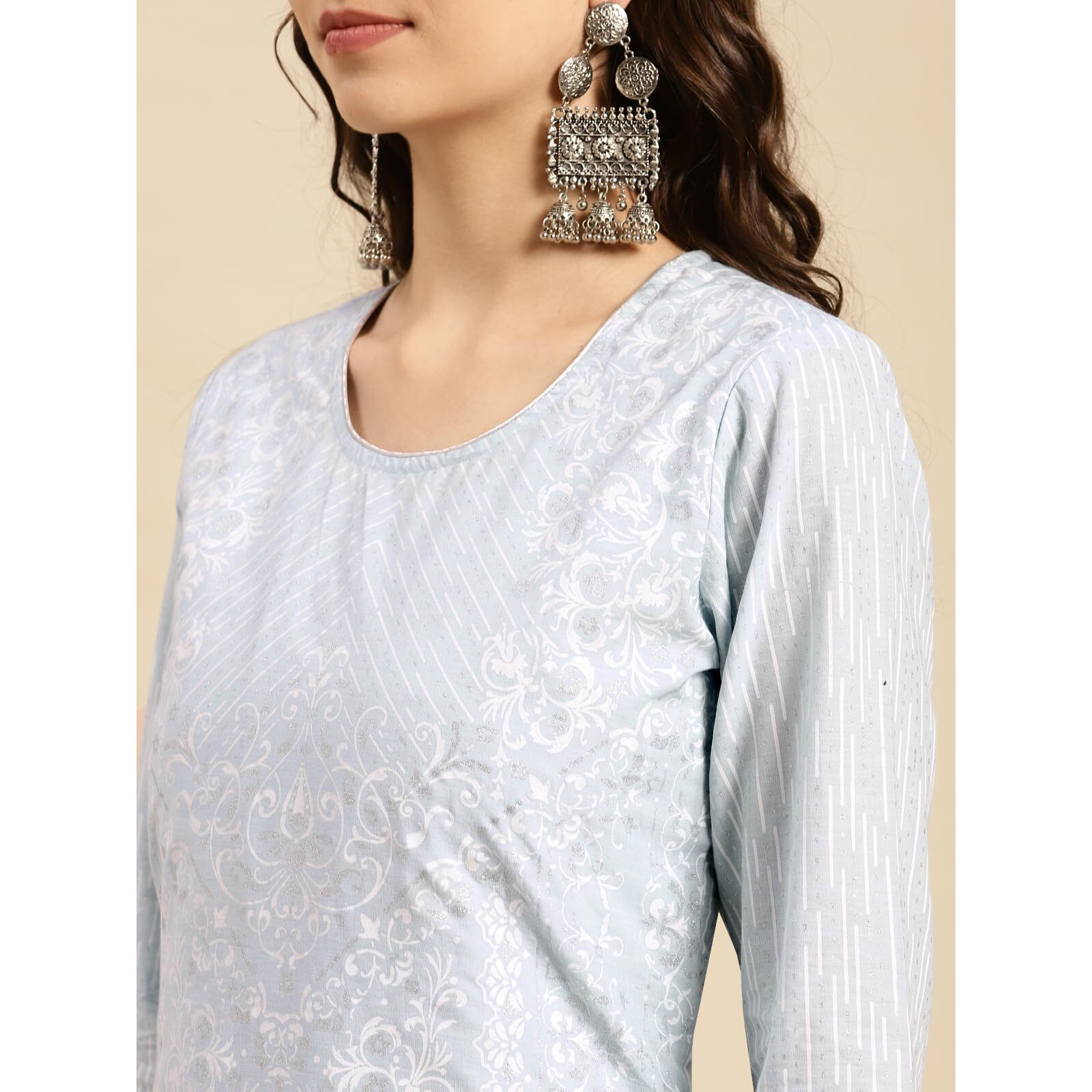 Rangita Light Blue Cotton Calf Length Printed Double Layered Kurti For Women | Kurta For Women_L
