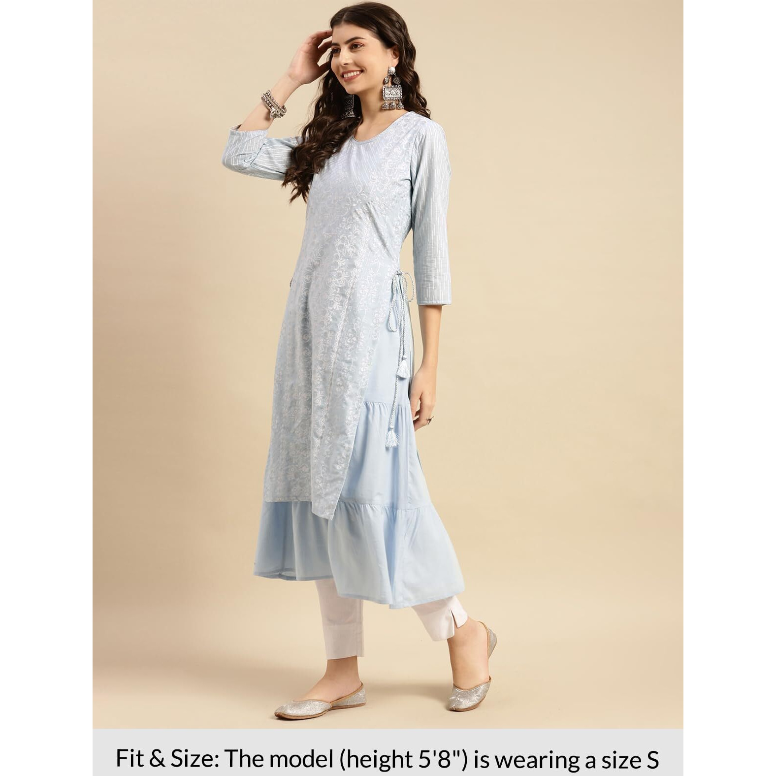 Rangita Light Blue Cotton Calf Length Printed Double Layered Kurti For Women | Kurta For Women_L