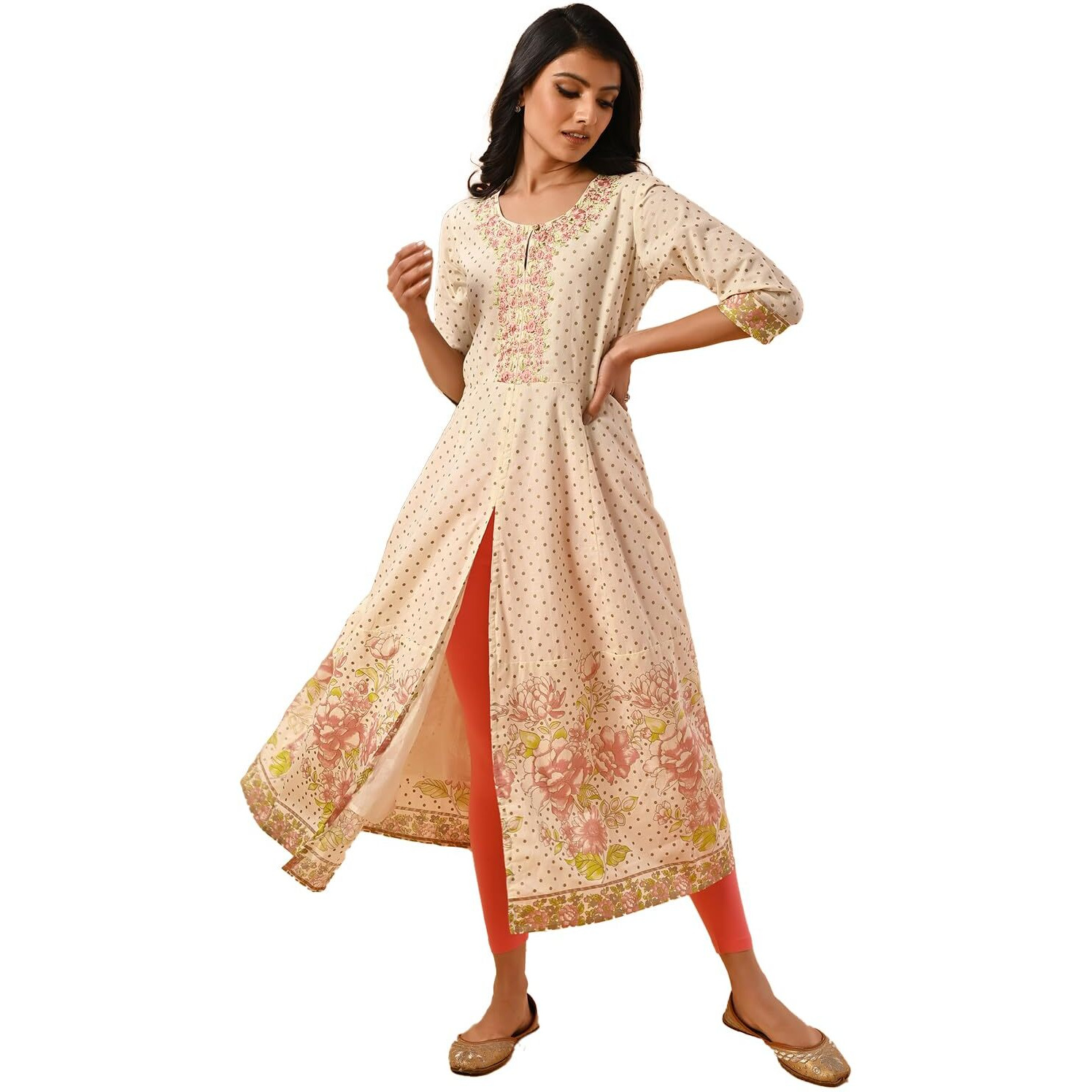 Rangita Cream Cotton Calf Length Embroidered Front Slit Kurti For Women | Kurta For Women_3Xl