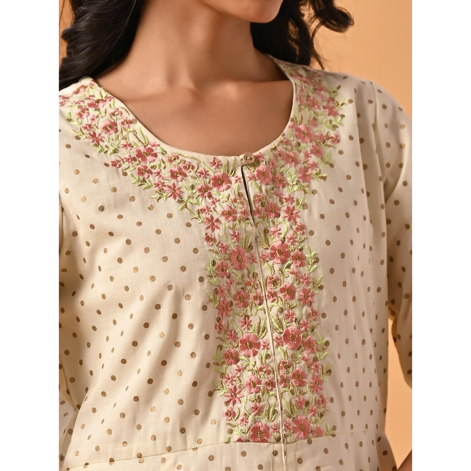 Rangita Cream Cotton Calf Length Embroidered Front Slit Kurti For Women | Kurta For Women_3Xl