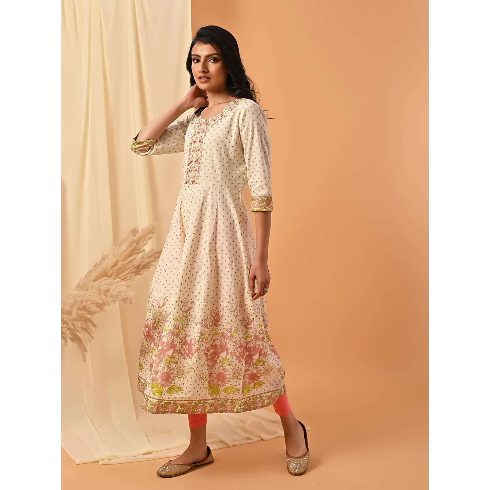 Rangita Cream Cotton Calf Length Embroidered Front Slit Kurti For Women | Kurta For Women_3Xl