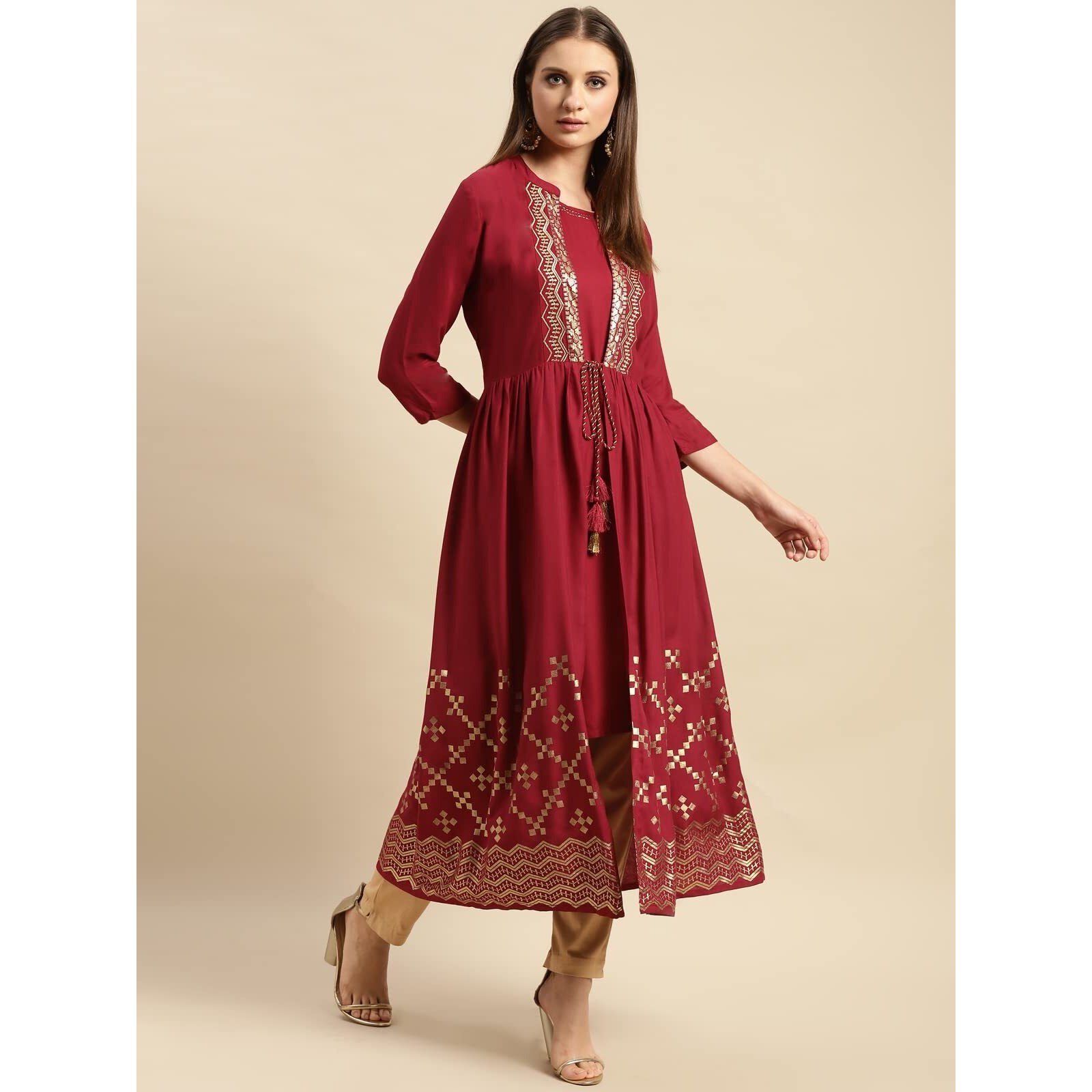 Rangita Maroon Rayon Calf Length Printed Double Layered Kurti For Women | Kurta For Women_S