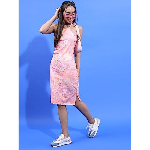 Ketch Polyester Blend Womens Fashion Wear Casual Fit Dress Standard Length (Khj6000360_Pink/ Multi_L)