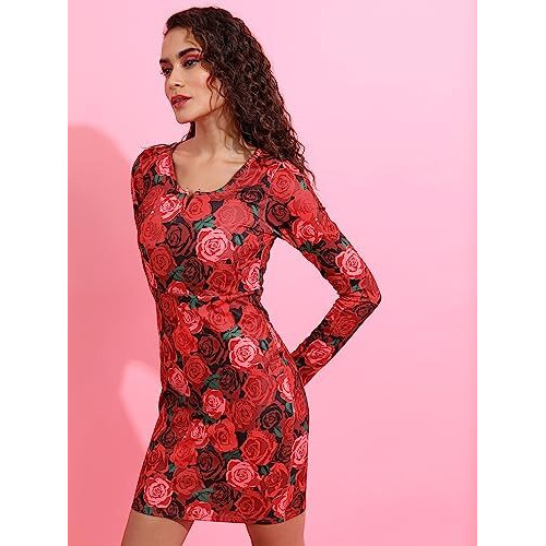 Ketch Polyester Blend Women Fashion Wear Casual Fit Dress Standard Length (Khj6000361_Red /Multi_S)