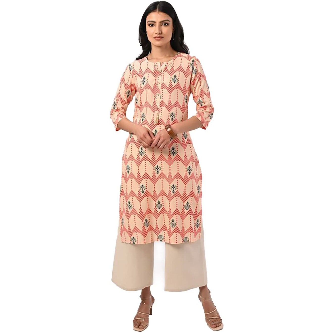 Rangita Peach Rayon Calf Length Printed Straight Kurti For Women | Kurta For Women_S