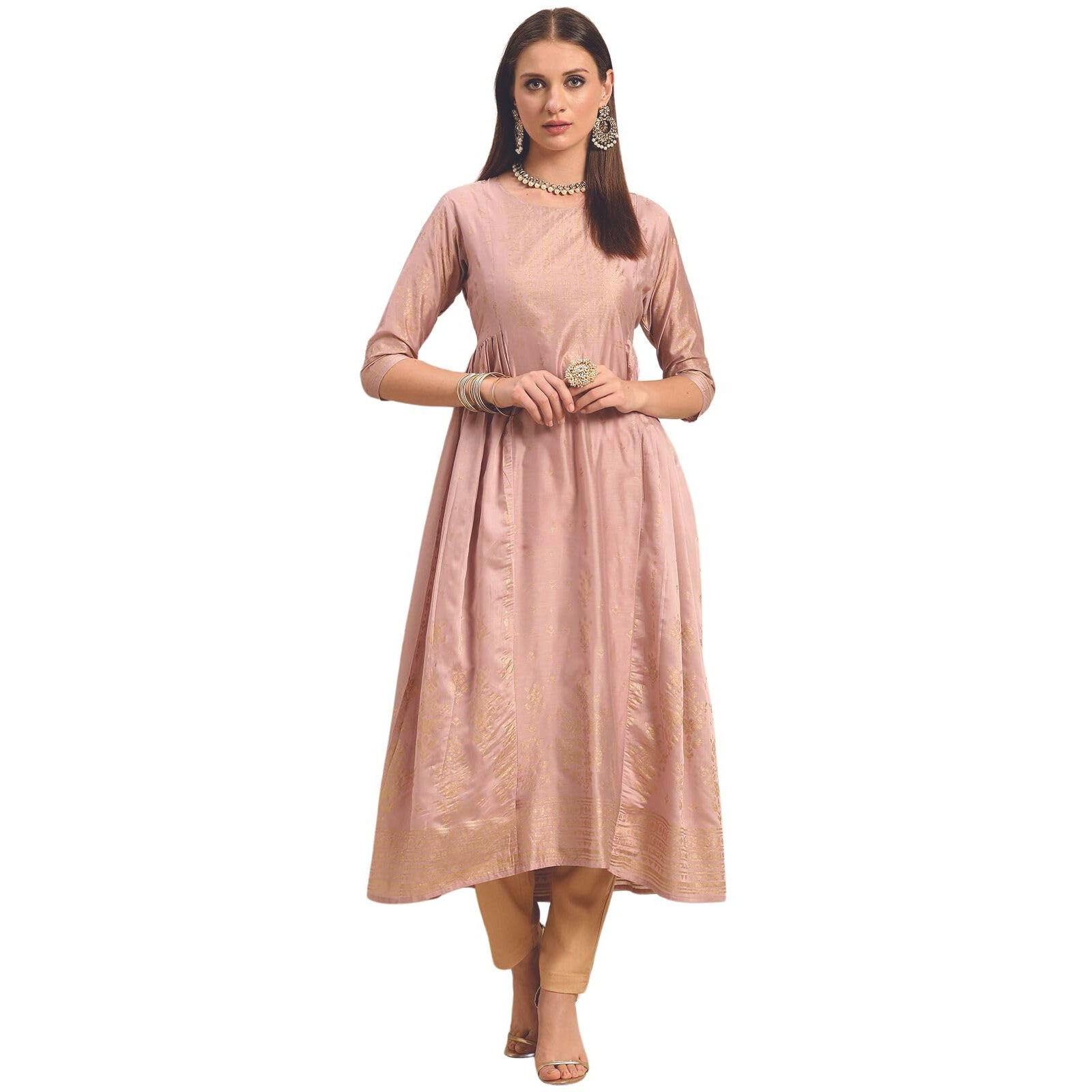 Rangita Rose Gold Viscose Blend Calf Length Printed Anarkali Kurti For Women | Kurta For Women_S