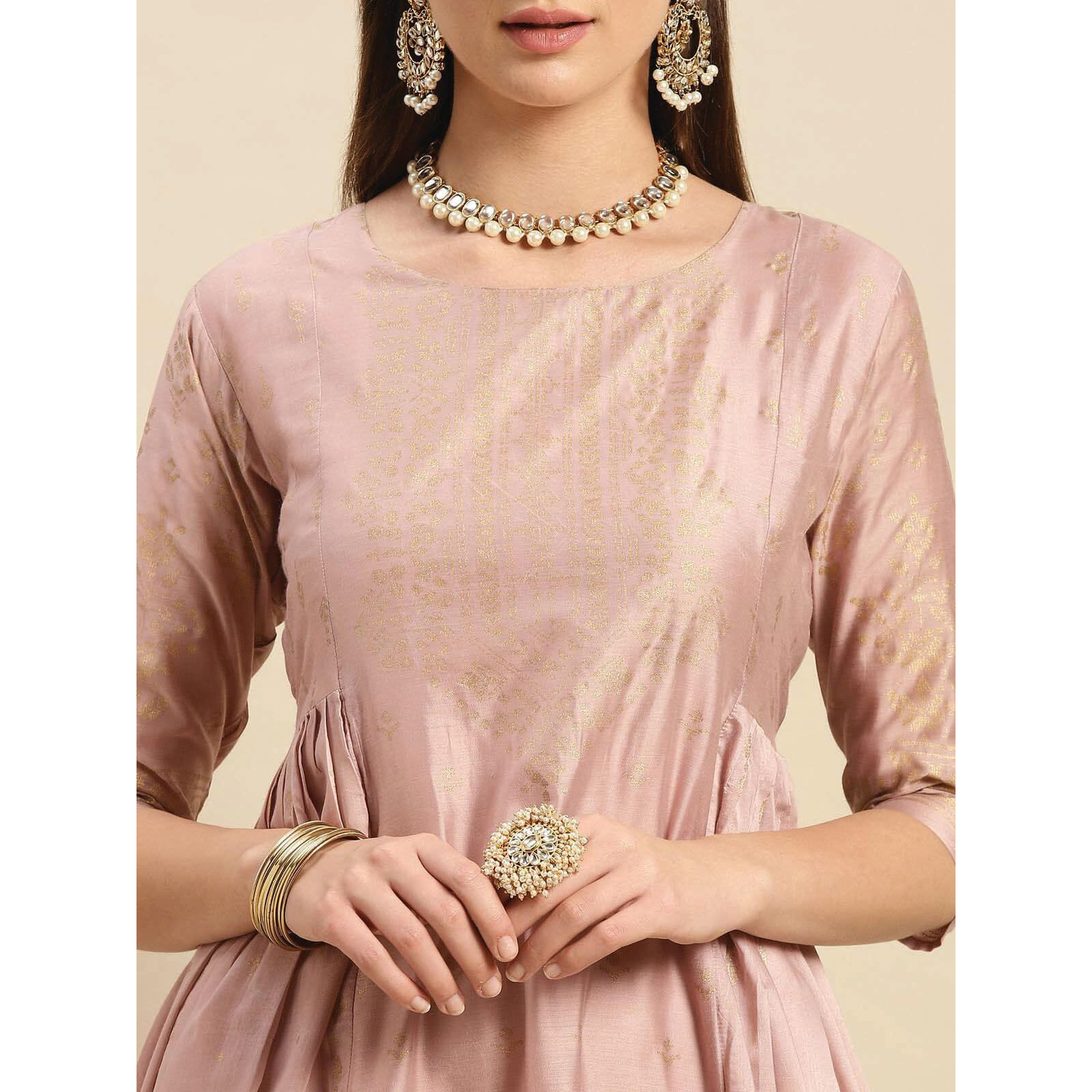 Rangita Rose Gold Viscose Blend Calf Length Printed Anarkali Kurti For Women | Kurta For Women_S