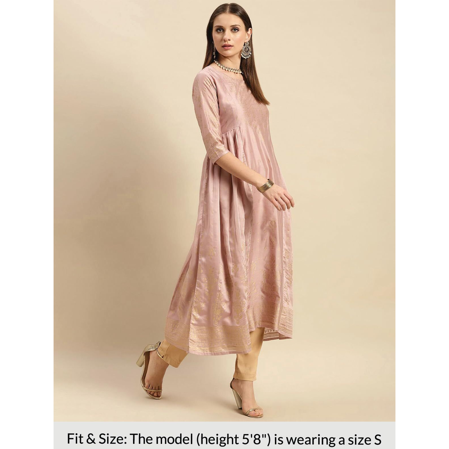 Rangita Rose Gold Viscose Blend Calf Length Printed Anarkali Kurti For Women | Kurta For Women_S