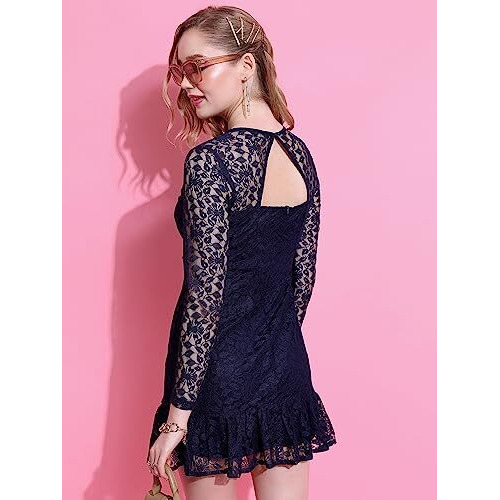 Ketch Polyester Womens Western Casual Fit Dress Standard Length (Khj6000367_Navy_L)