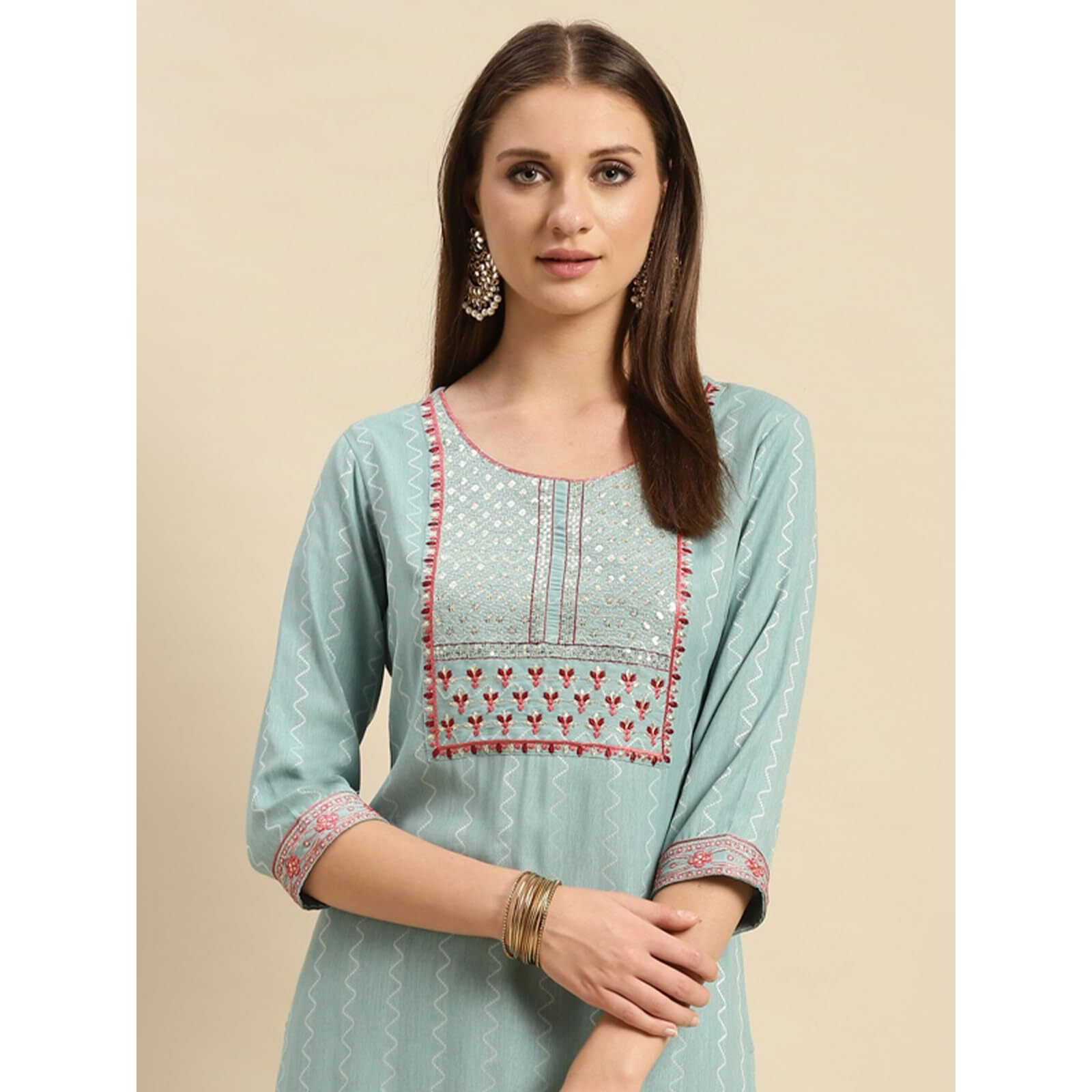 Rangita Teal Viscose Blend Calf Length Embroidered Straight Kurti For Women | Kurta For Women_Xl