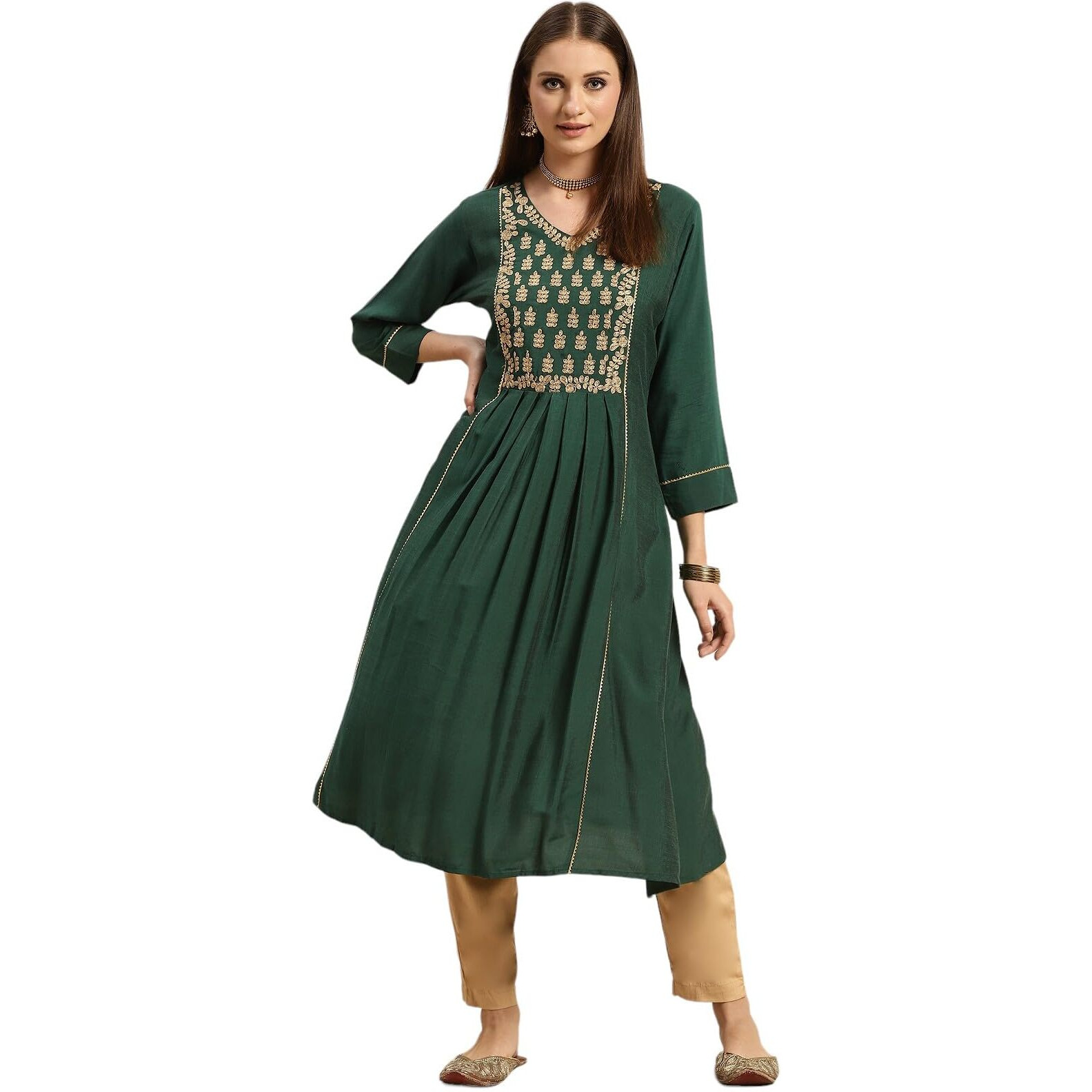 Rangita Green Viscose Blend Calf Length Embroidered Flared Kurti For Women | Kurta For Women_M