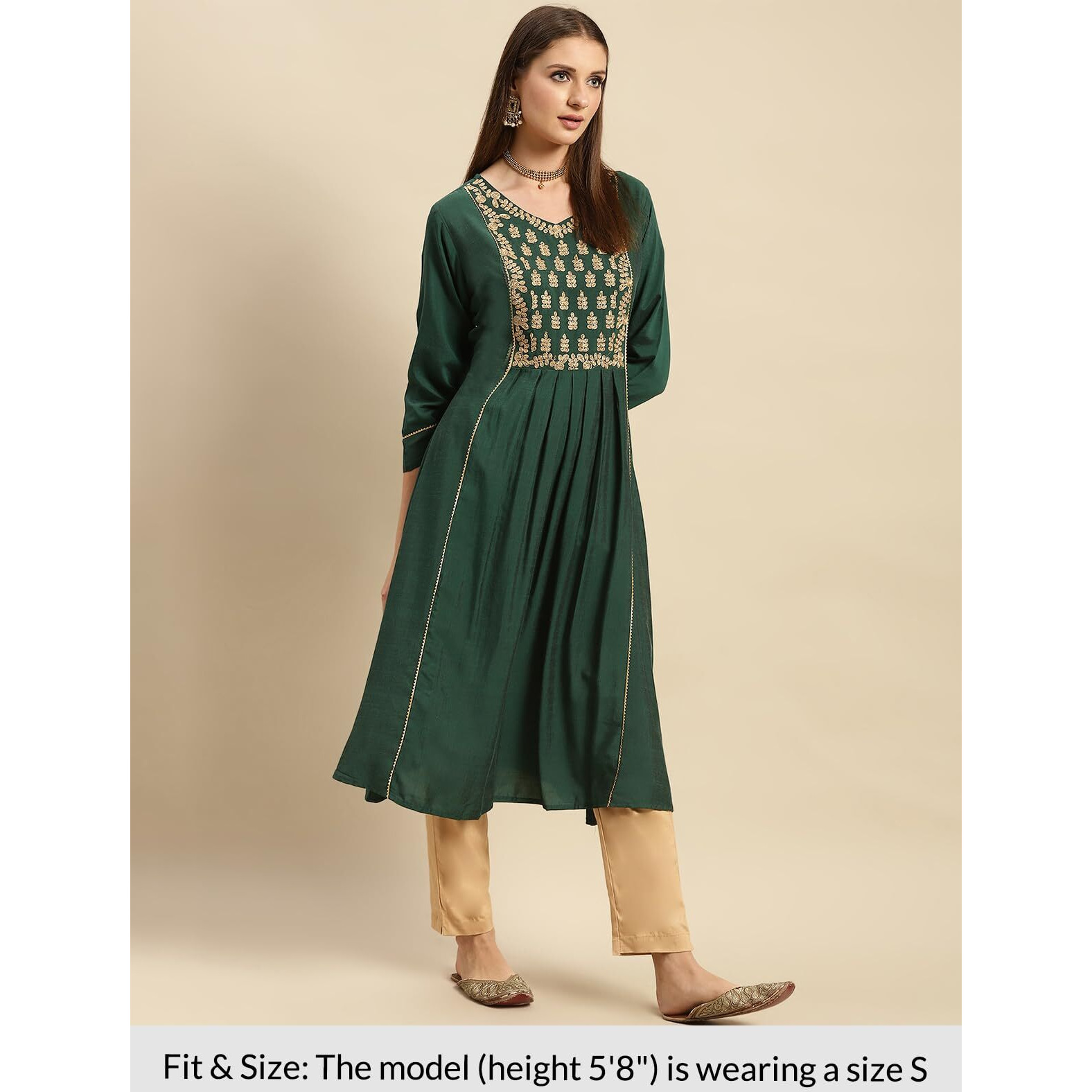 Rangita Green Viscose Blend Calf Length Embroidered Flared Kurti For Women | Kurta For Women_M