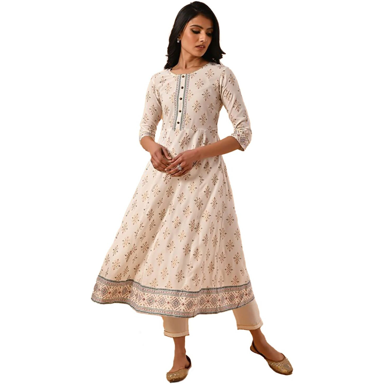 Rangita Off White Rayon Calf Length Printed Anarkali Kurti For Women | Kurta For Women_Xl
