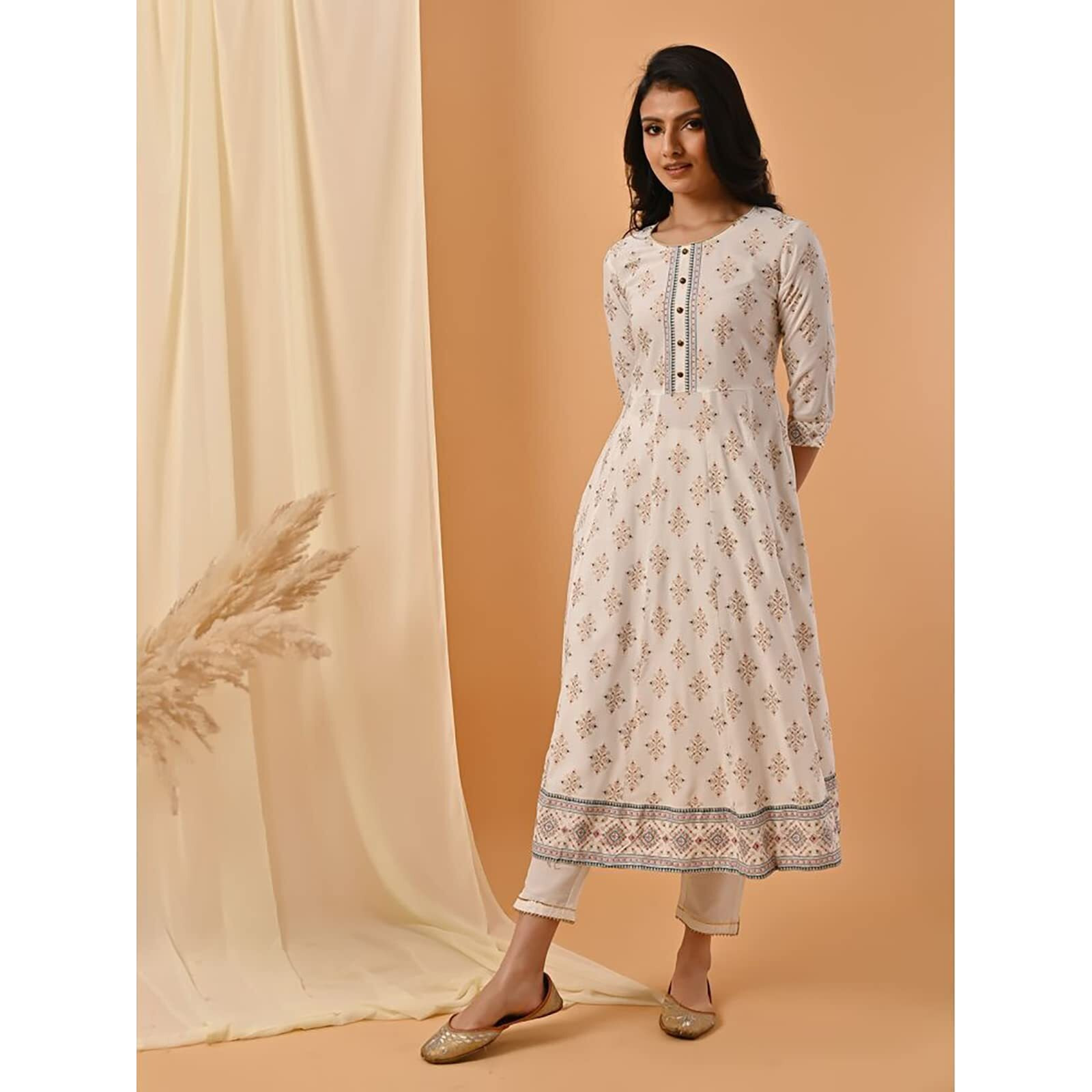 Rangita Off White Rayon Calf Length Printed Anarkali Kurti For Women | Kurta For Women_Xl