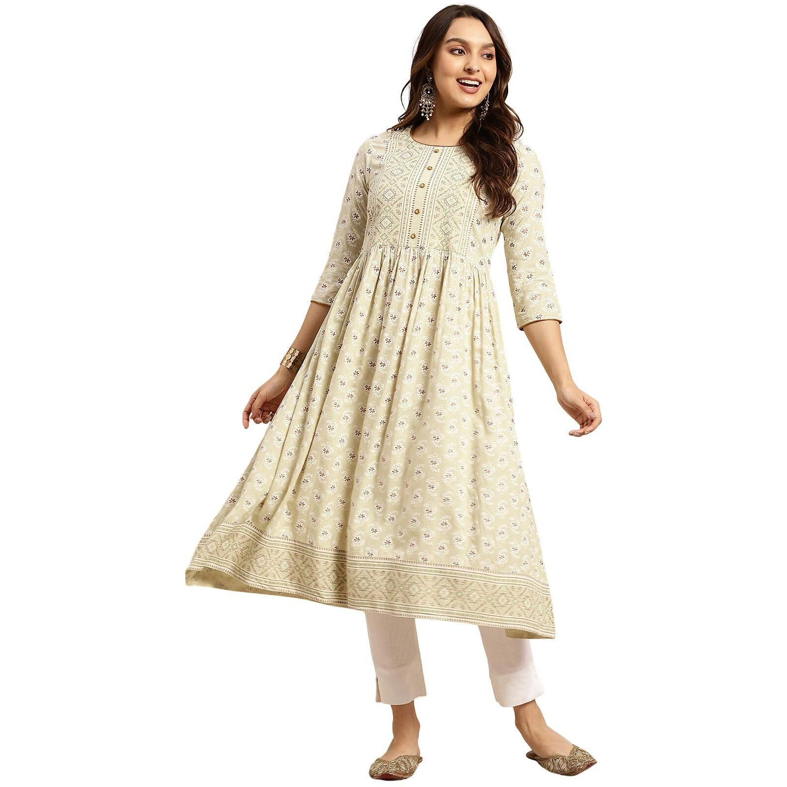 Rangita Green Rayon Calf Length Printed Flared Kurti For Women | Kurta For Women_L