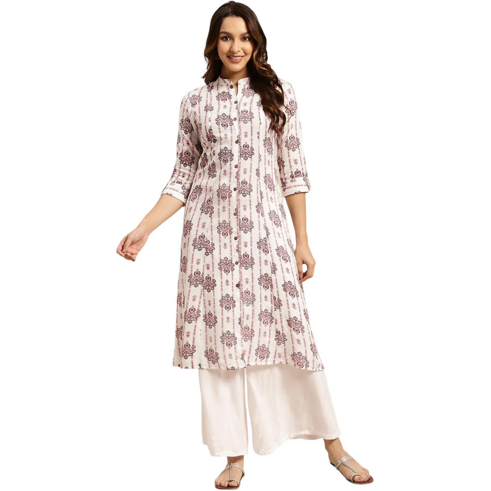 Rangita Off White Rayon Calf Length Printed Front Slit Kurti For Women | Kurta For Women_Xl