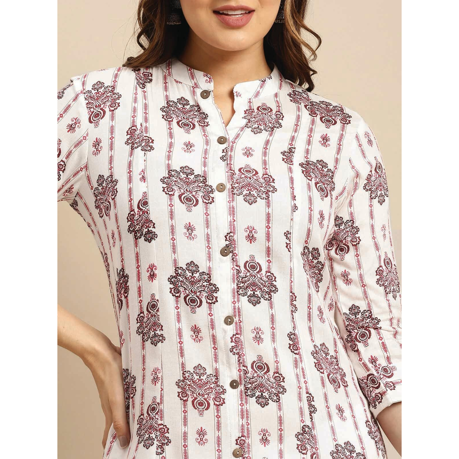 Rangita Off White Rayon Calf Length Printed Front Slit Kurti For Women | Kurta For Women_Xl