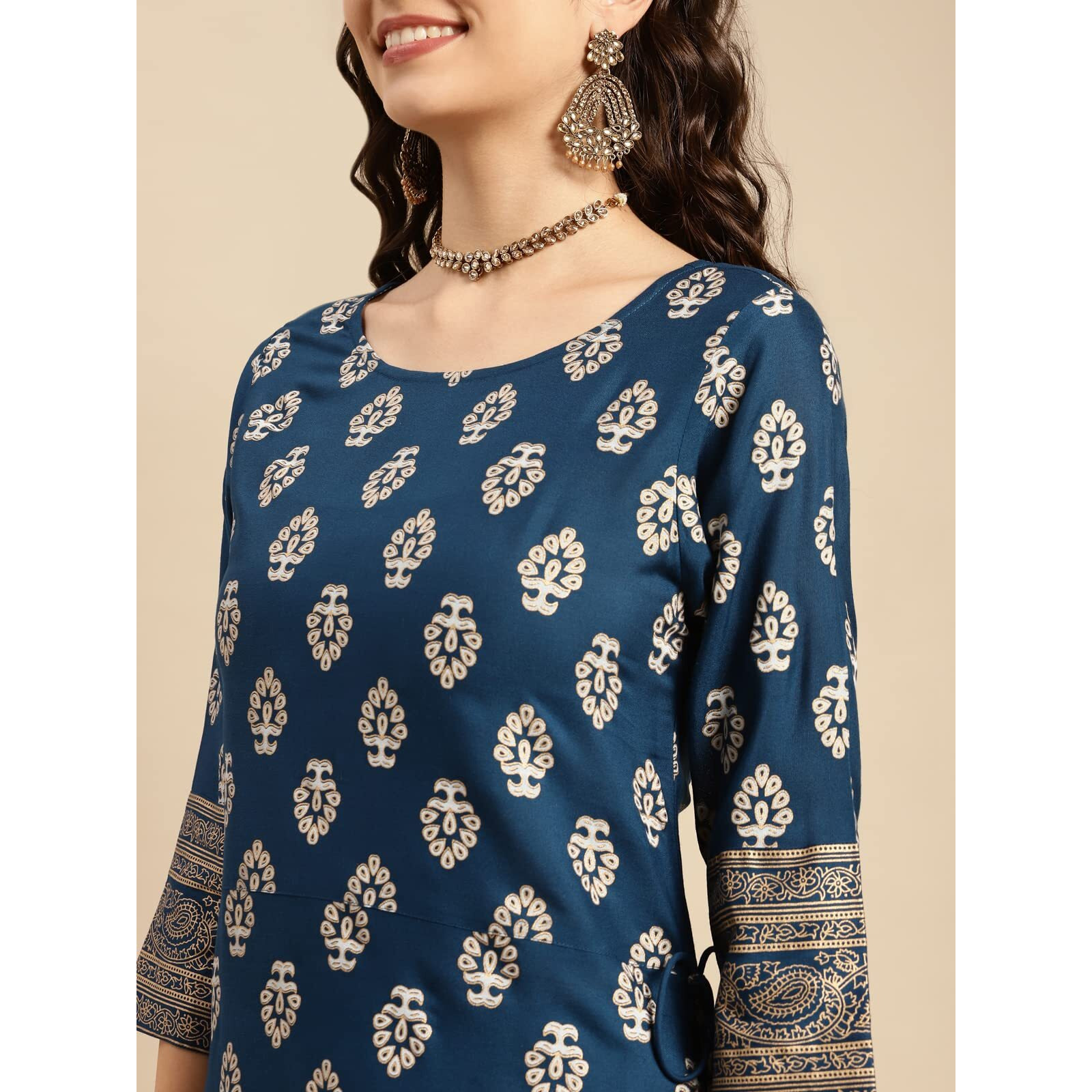 Rangita Women Rayon Navy Gold Printed Calf Length A-Line Kurta With Palazzo Set_8905723216207