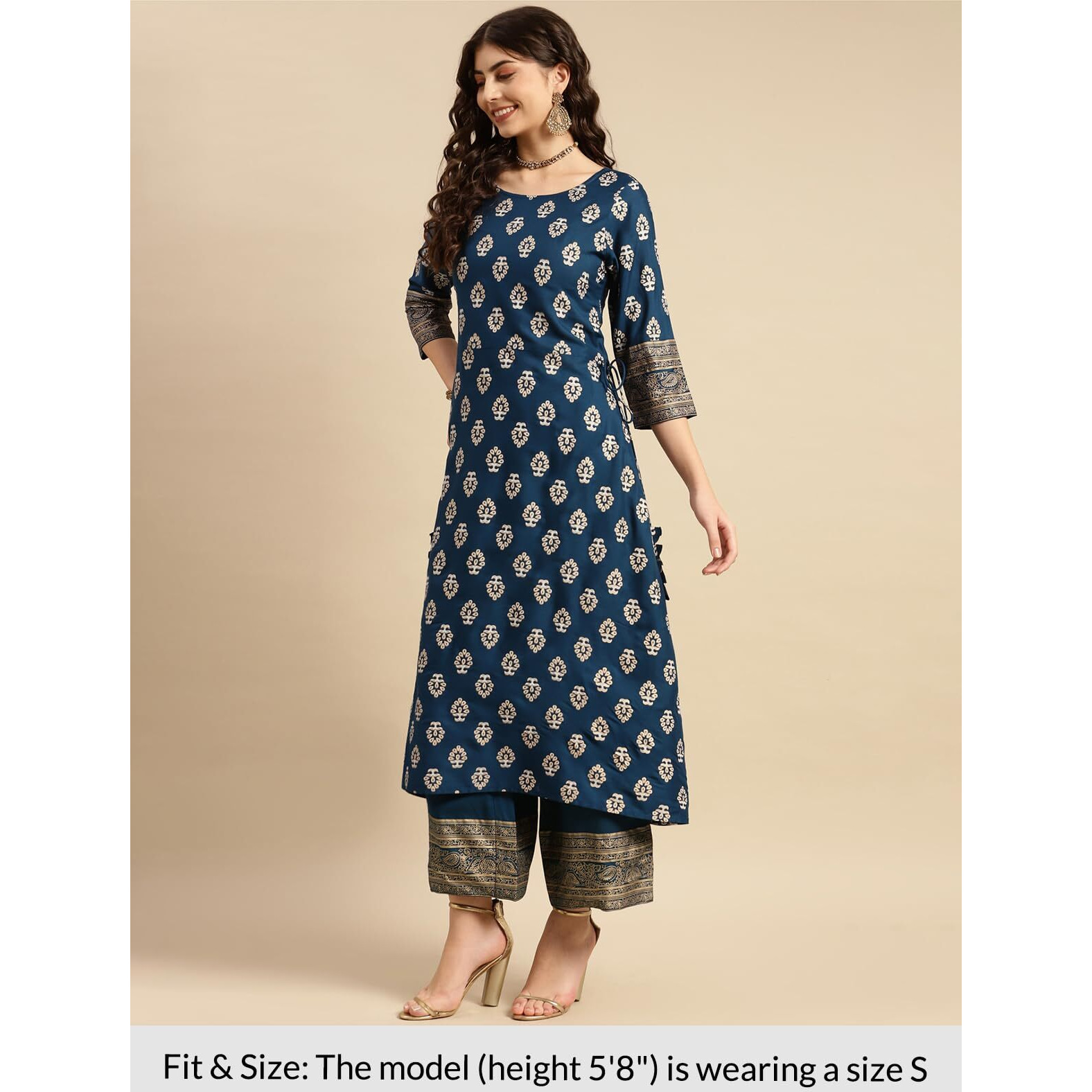Rangita Women Rayon Navy Gold Printed Calf Length A-Line Kurta With Palazzo Set_8905723216207