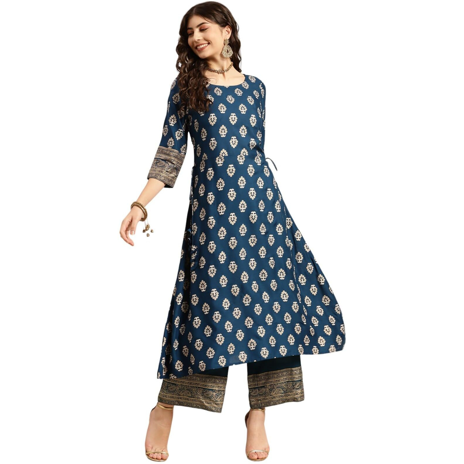 Rangita Women Rayon Navy Gold Printed Calf Length A-Line Kurta With Palazzo Set_8905723216221