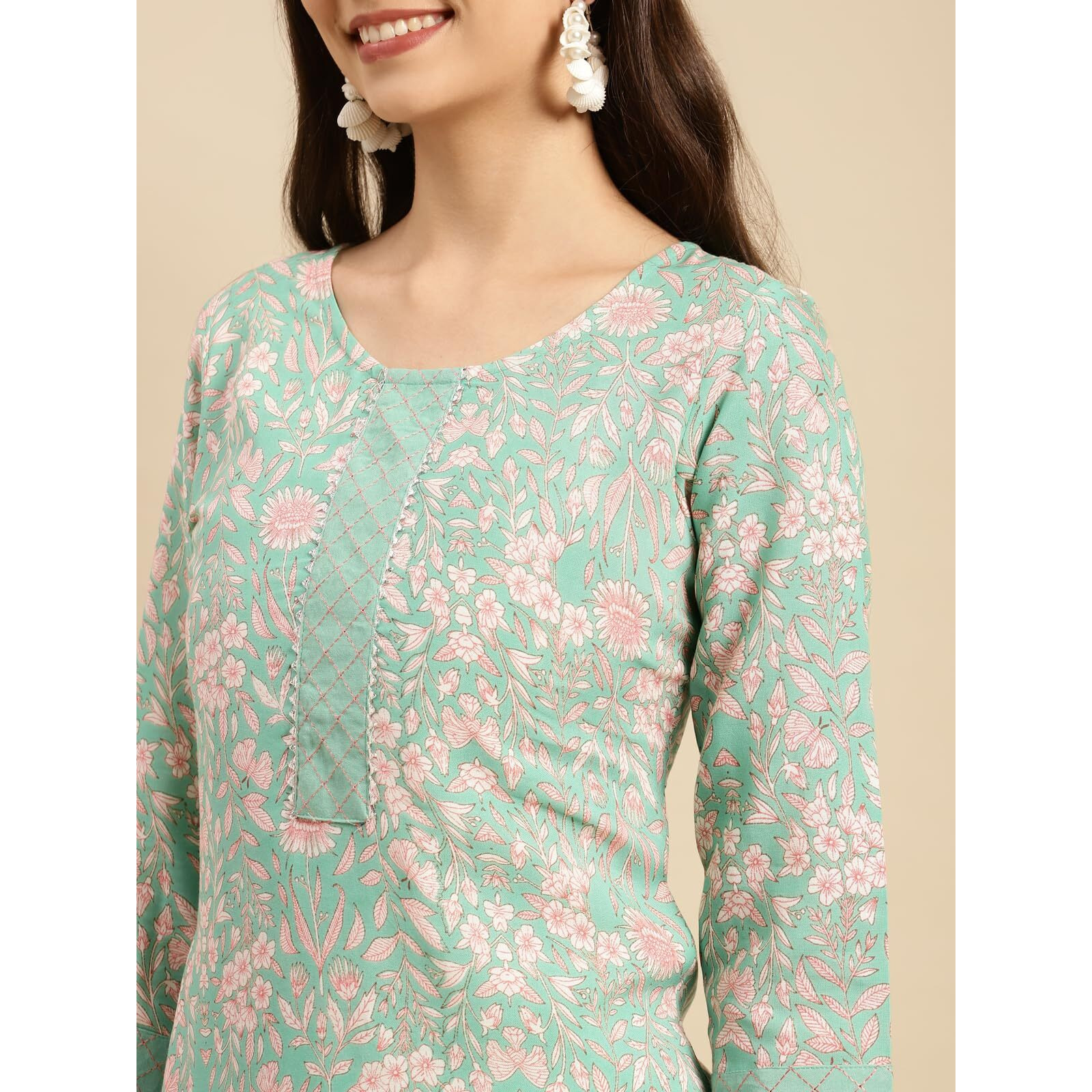 Rangita Women Rayon Mint Green Floral Printed Knee Length Straight Kurta With Pant Set